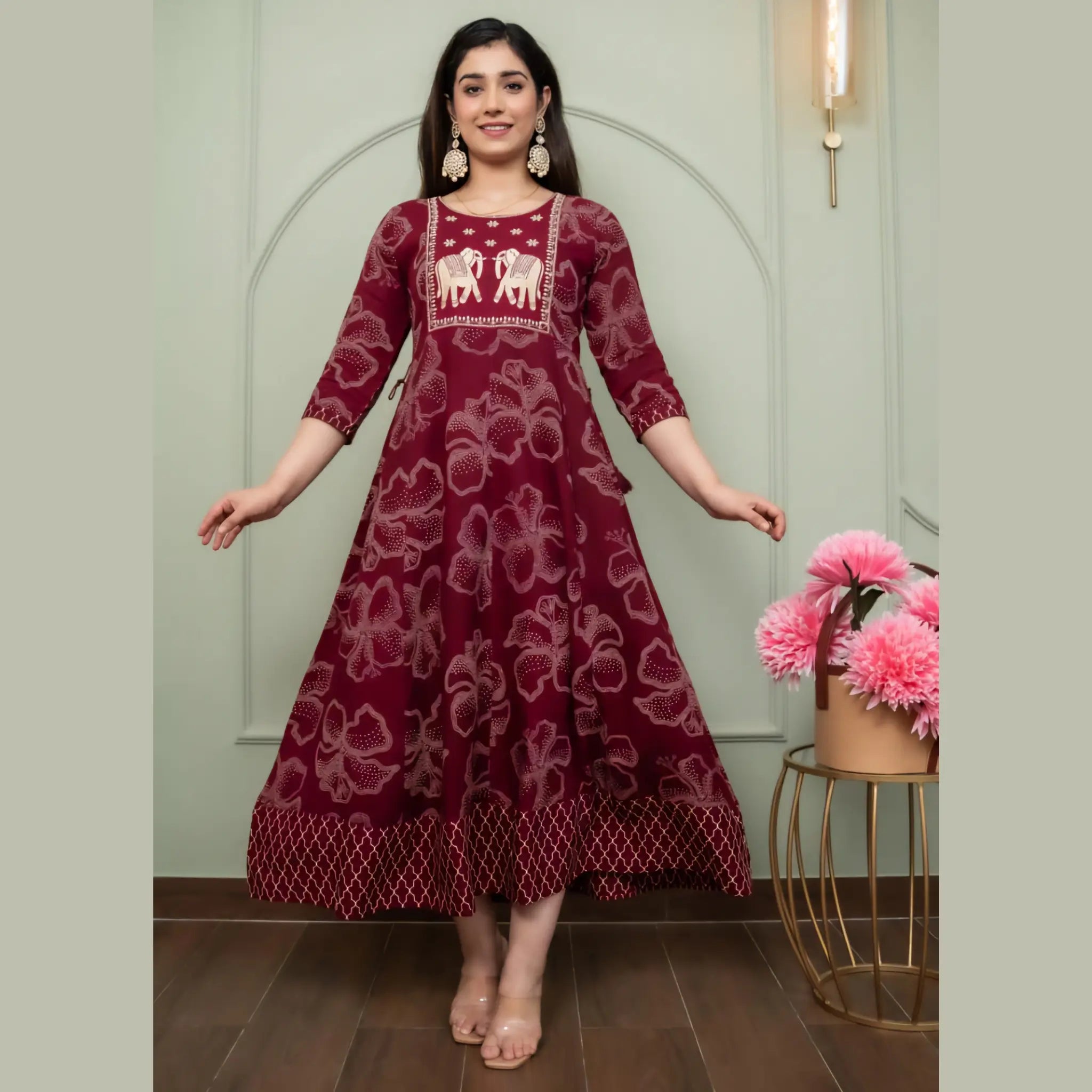 Maroon Ethnic Printed Anarkali Kurti for Women _ Elephant Motif Design Main image