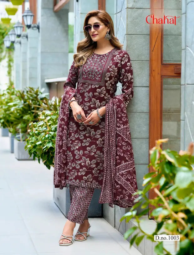 Maroon Floral Rayon Readymade Salwar Suit with Dupatta