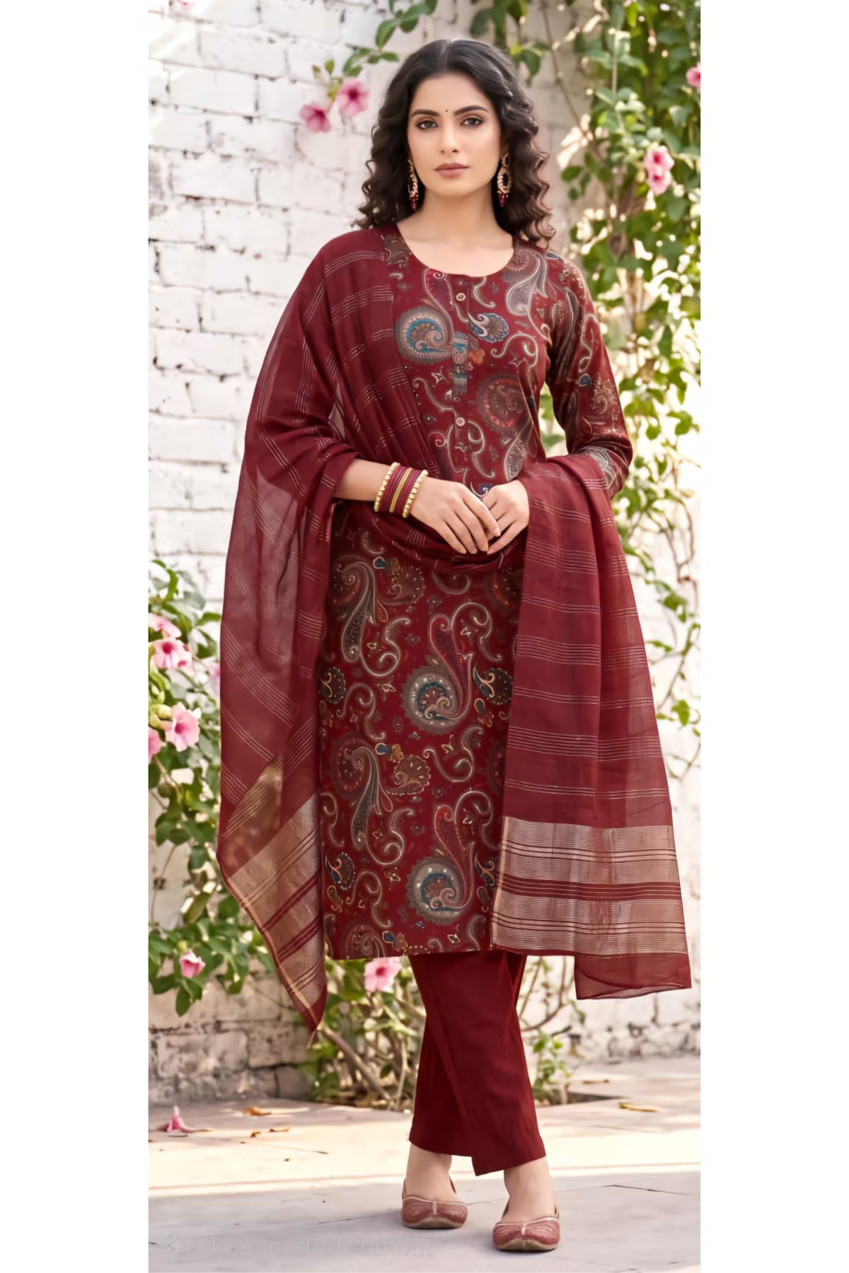 Maroon Paisley Printed Kurta Pant Dupatta Set for Women | Bavis Clothing
