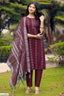 Maroon Cotton Handloom Straight Kurta Pant Set with Dupatta | Bavis Clothing