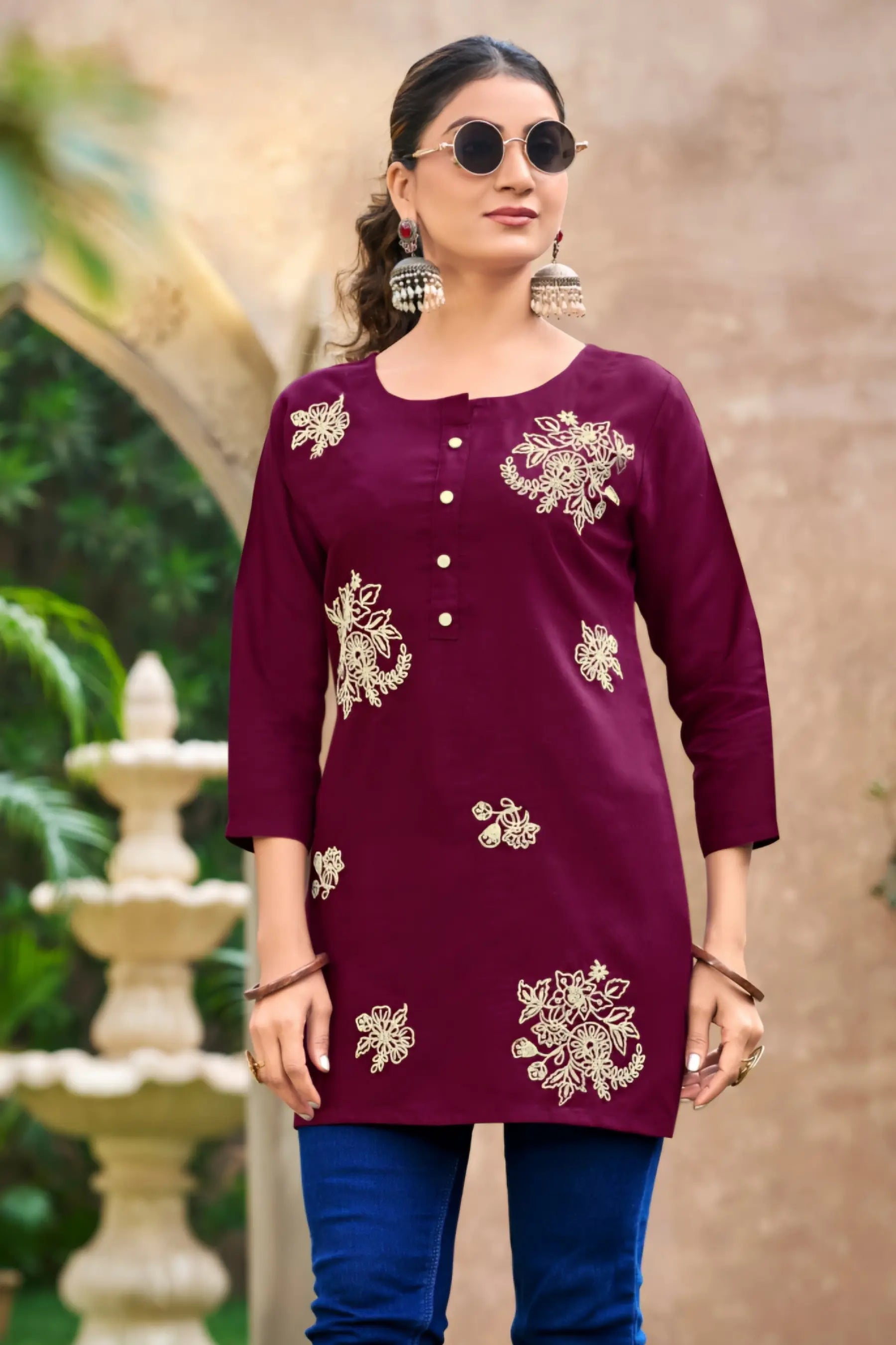 Maroon Embroidery Short Tops - Rose1004 Main image