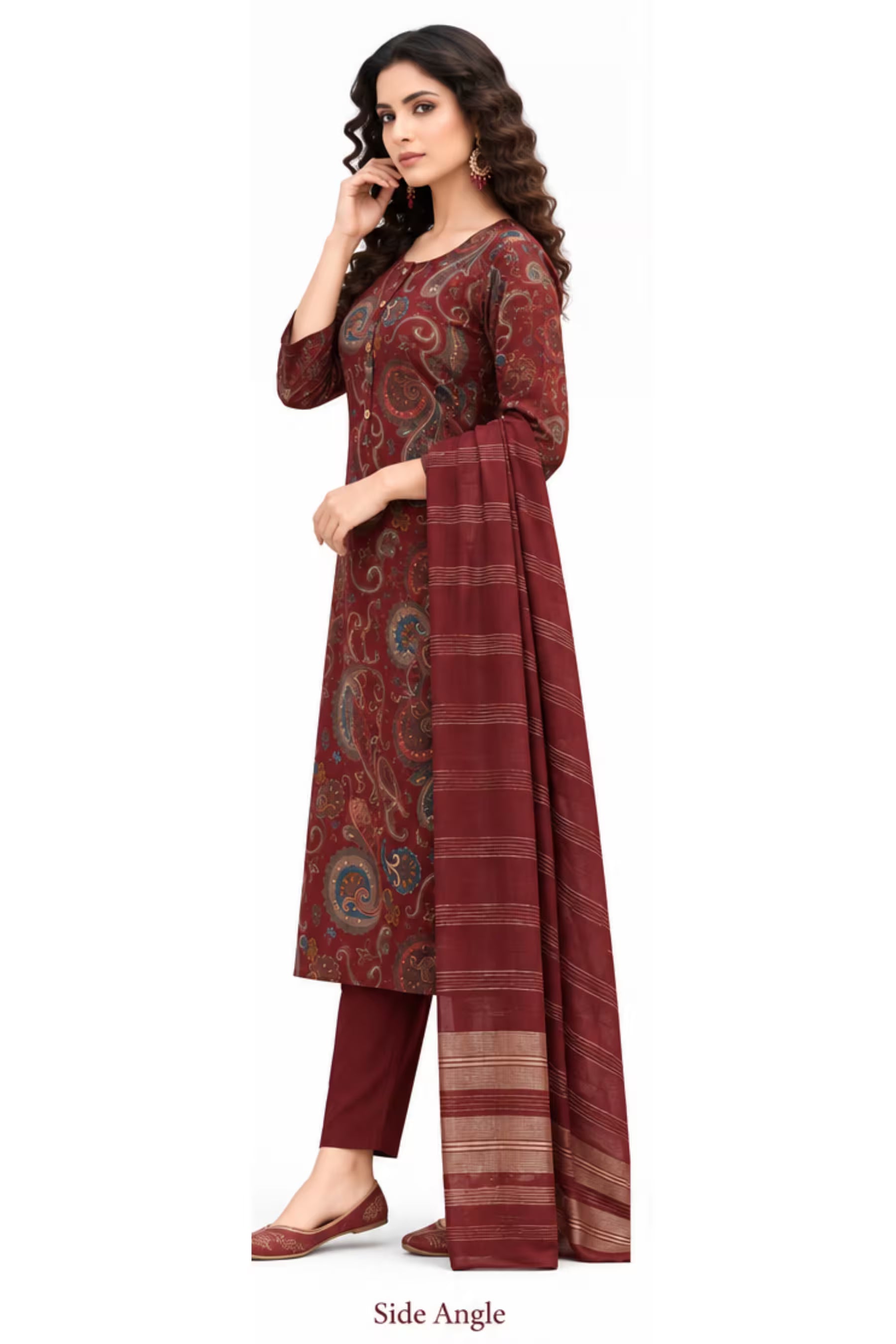 Maroon Paisley Printed Kurta Pant Dupatta Set for Women Secondary image