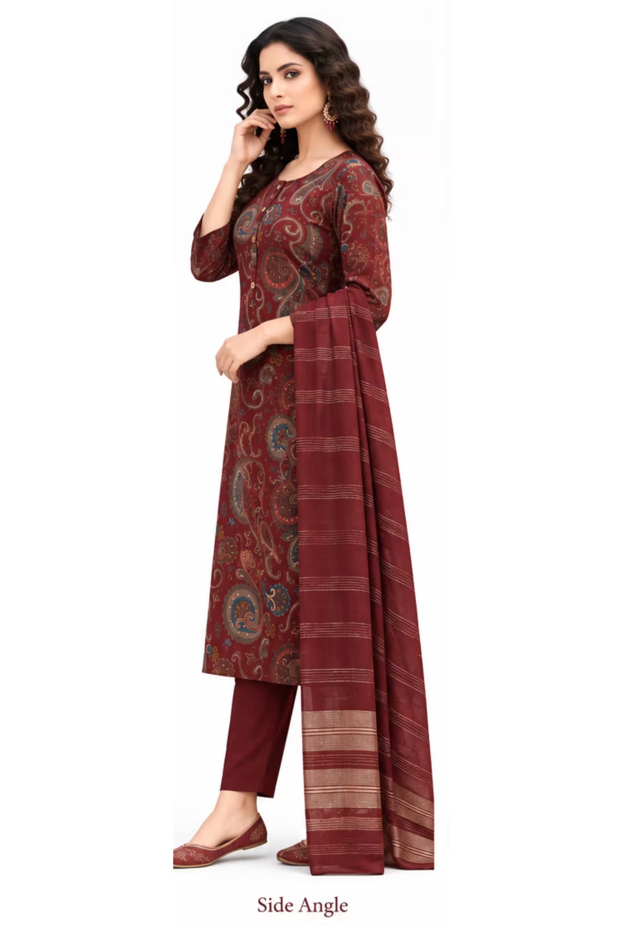 Side Angle - Maroon Paisley Printed Kurta Pant Dupatta Set for Women | Bavis Clothing