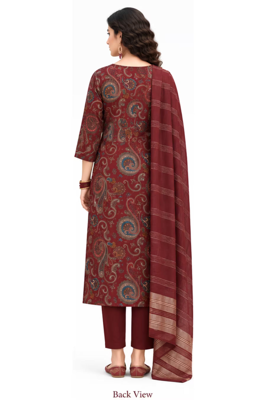 Back View - Maroon Paisley Printed Kurta Pant Dupatta Set for Women | Bavis Clothing