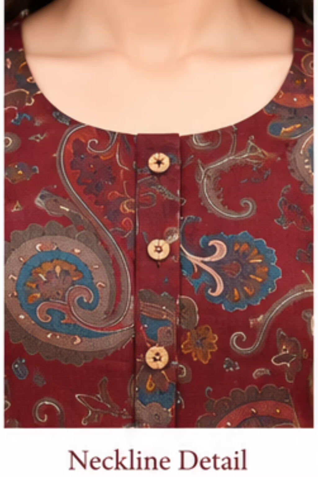 Neckline Detail - Maroon Paisley Printed Kurta Pant Dupatta Set for Women | Bavis Clothing