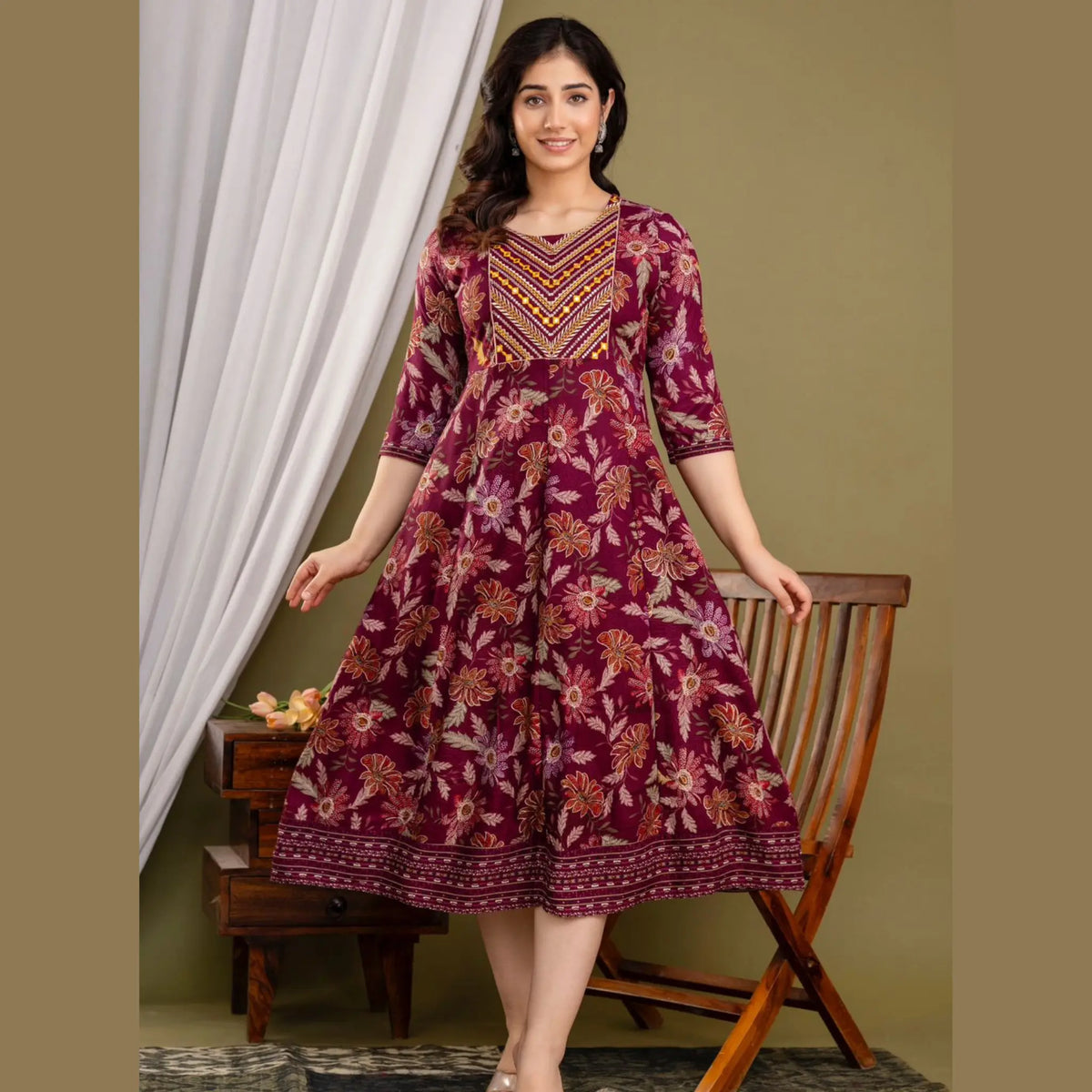 Marron Full Flared kurti With Embroidery Work Main image