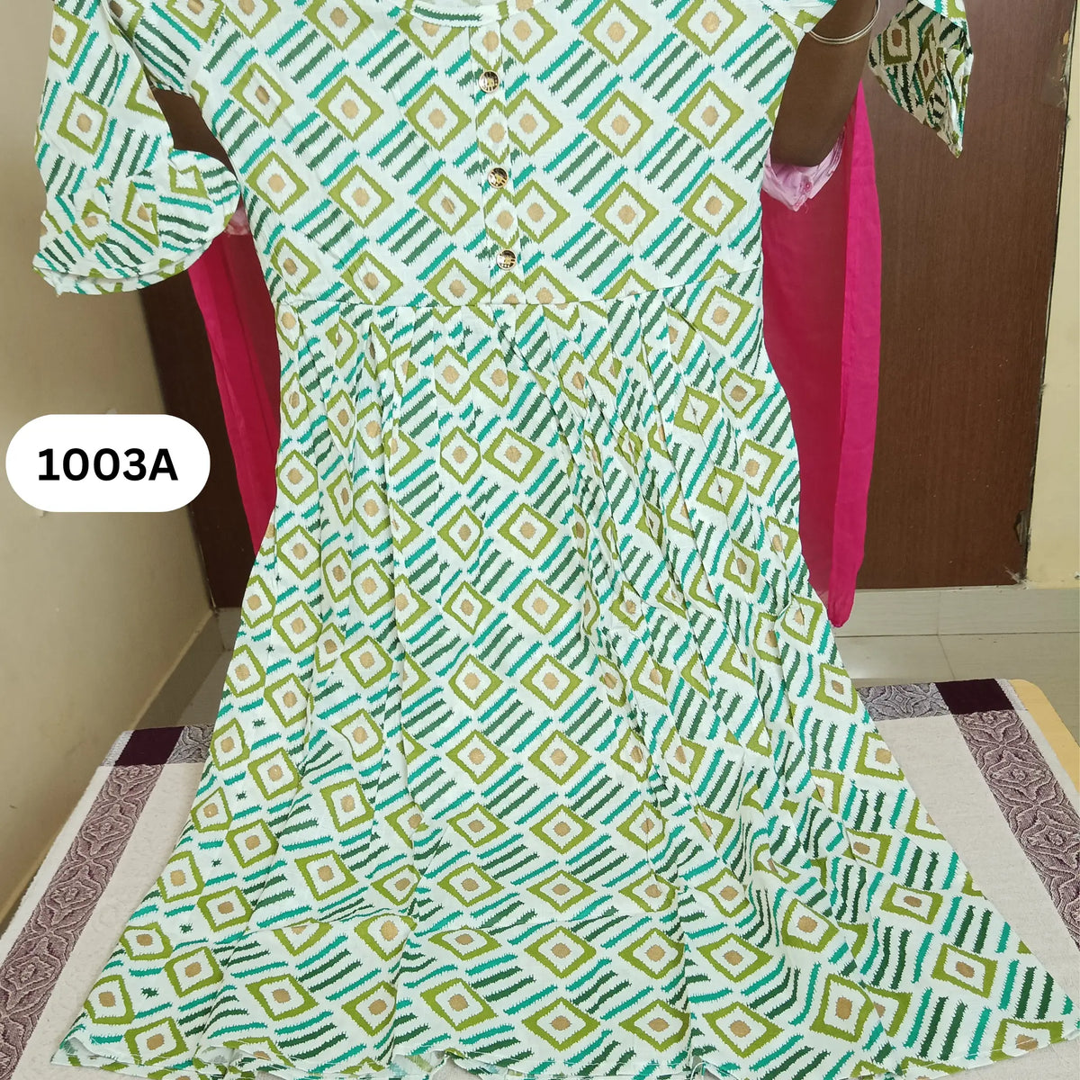 Mehandi Green Geometric Print Flared kurti Main image