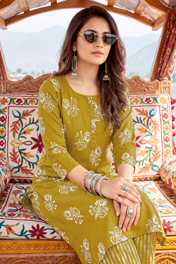 Mehandi Green Heavy Rayon Printed Kurta Set with Striped Pants