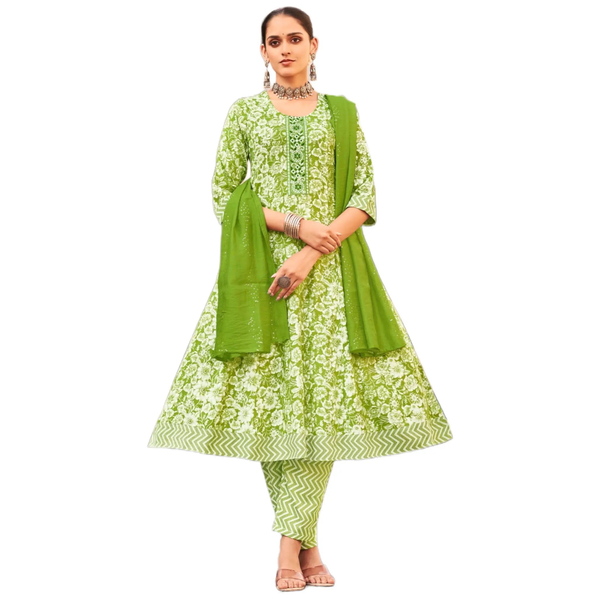 Mehndi Green Floral Anarkali Suit with Embroidered Yoke & Matching Dupatta Main image