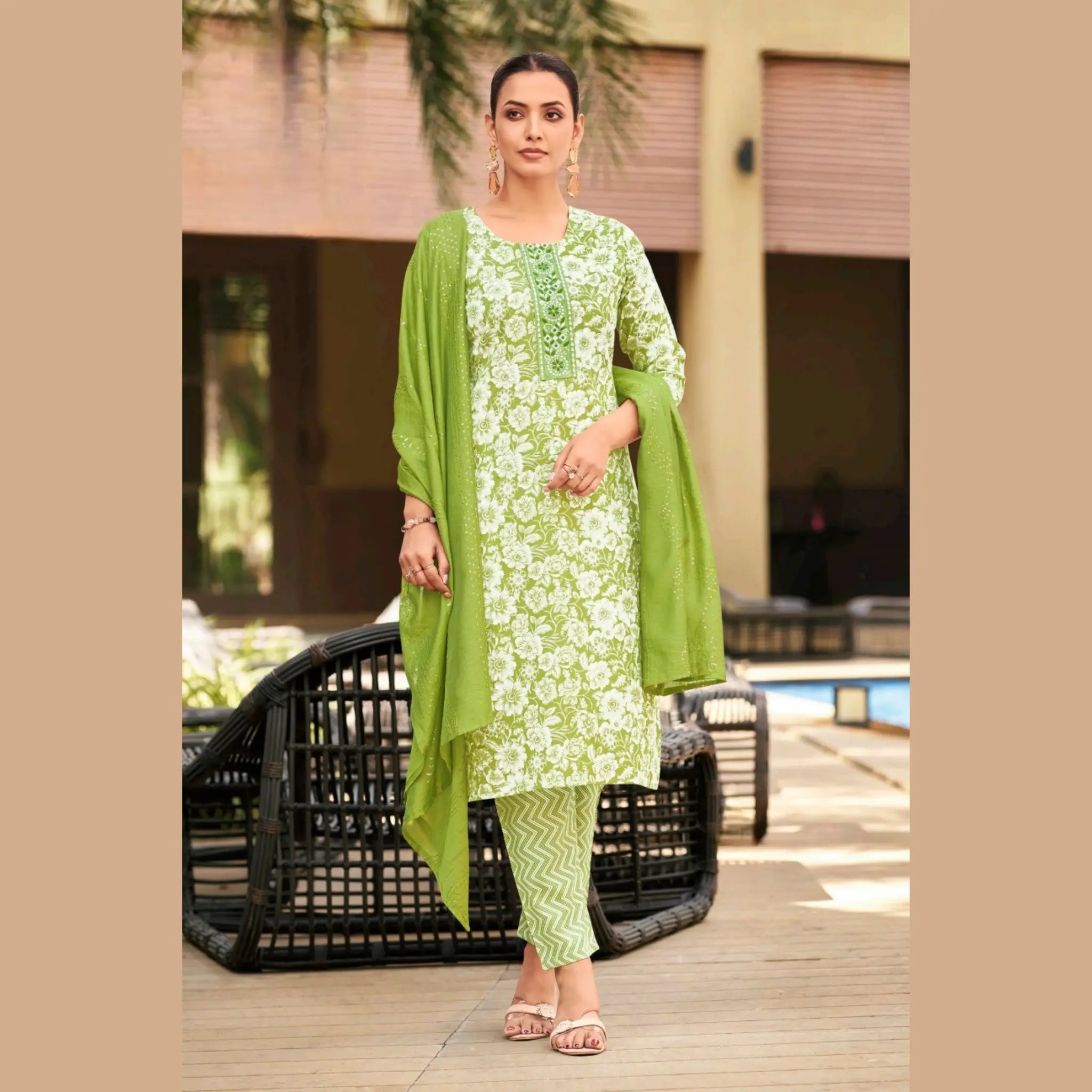 Mehndi Green Floral Salwar Suit with Embroidered Yoke & Sequence Work Dupatta  - Rashmika - GR271