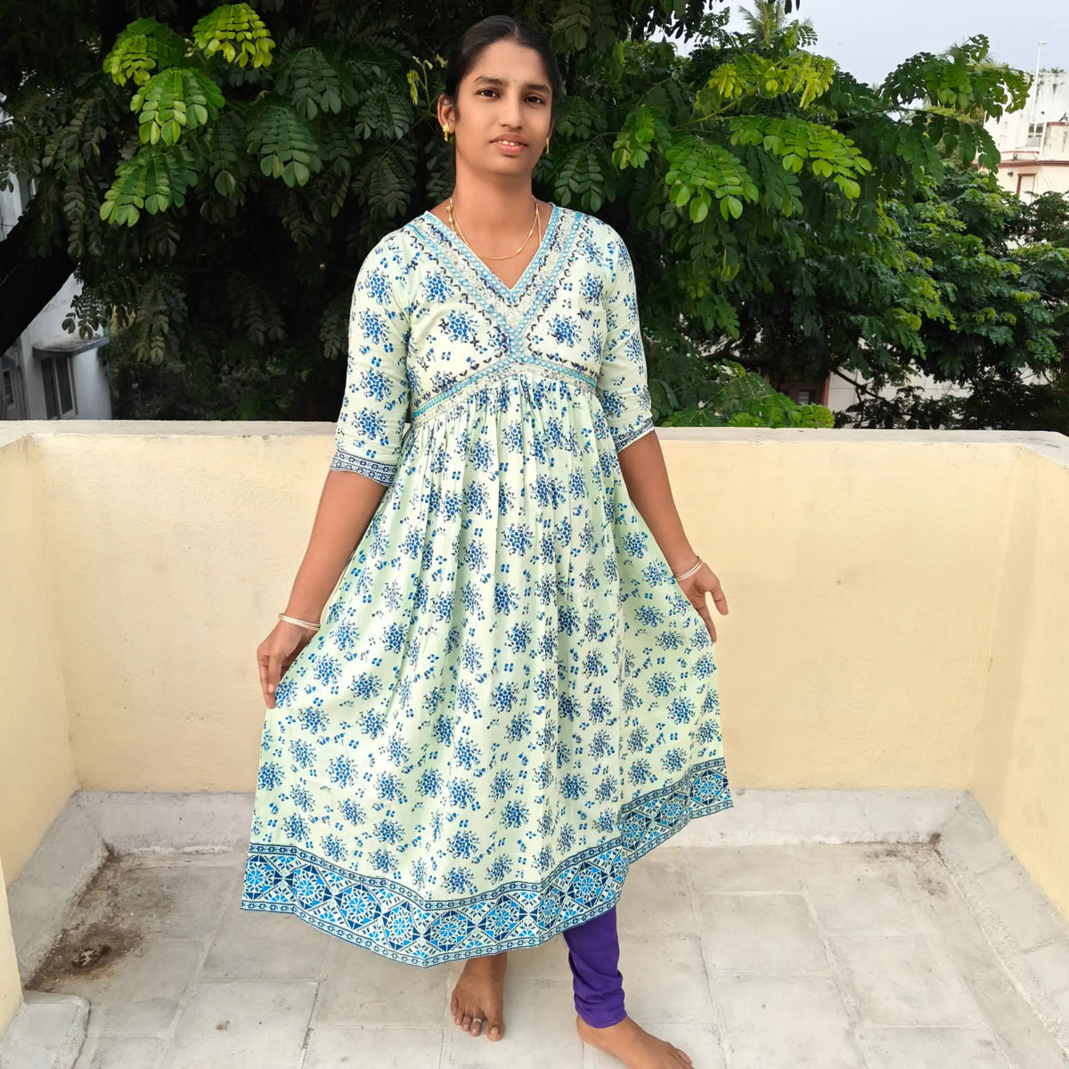 Mild Green with Blue Printed Design Alaya Cut Kurti