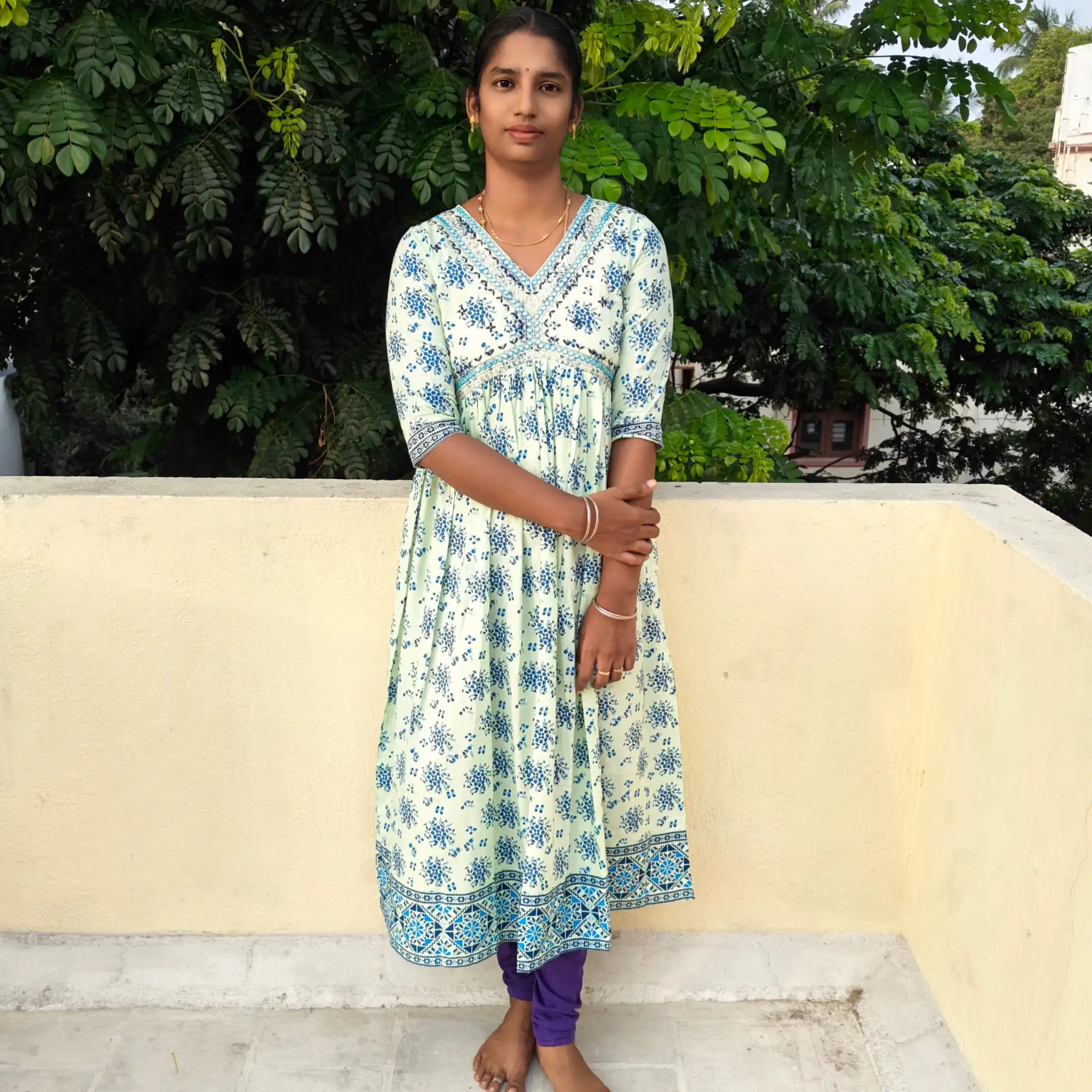 Mild Green with Blue Printed Design Alaya Cut Kurti