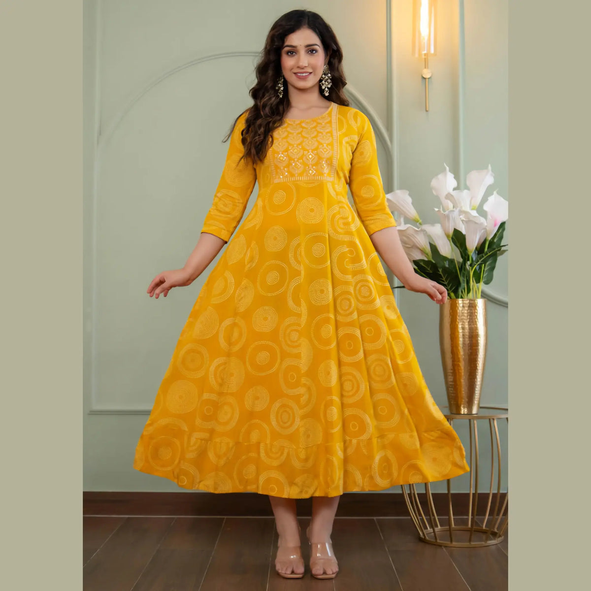 Mustard Ethnic Printed Anarkali Kurti for Women _ Circular Motif Design