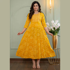 Mustard Ethnic Printed Anarkali Kurti for Women _ Circular Motif Design