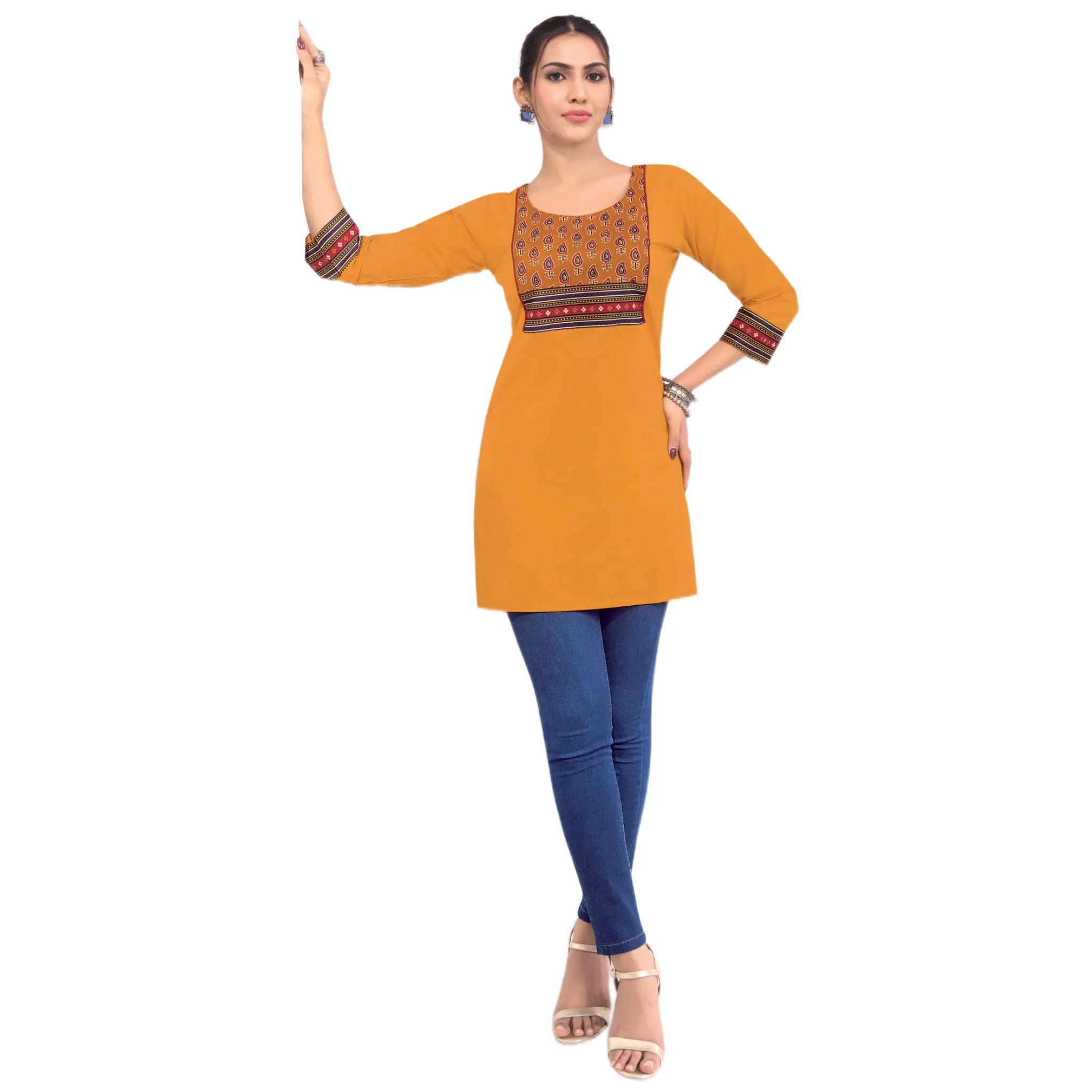 Mustard Yellow Cotton Short Top with Paisley Print Yoke Main image