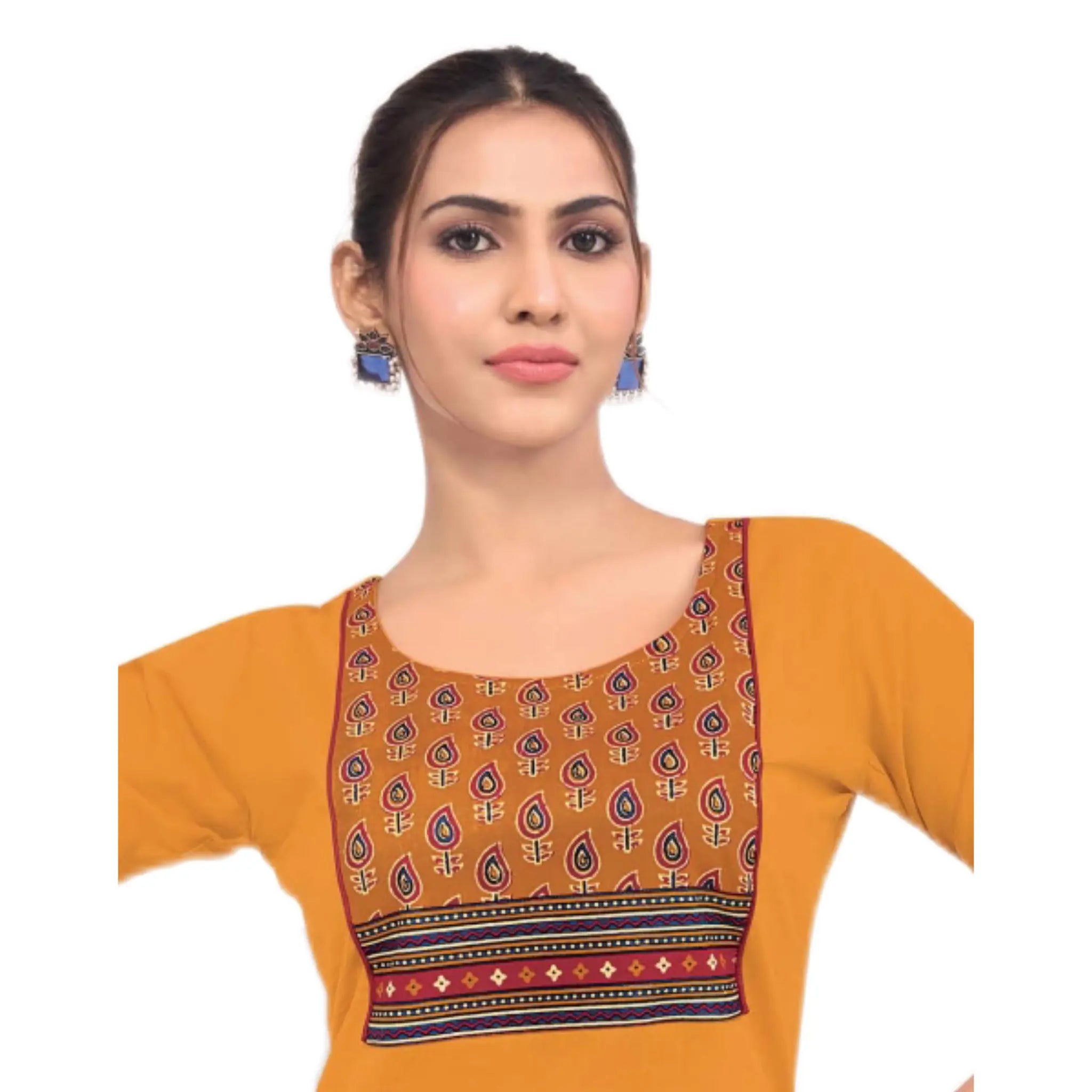 Mustard Yellow Cotton Short Top with Paisley Print Yoke