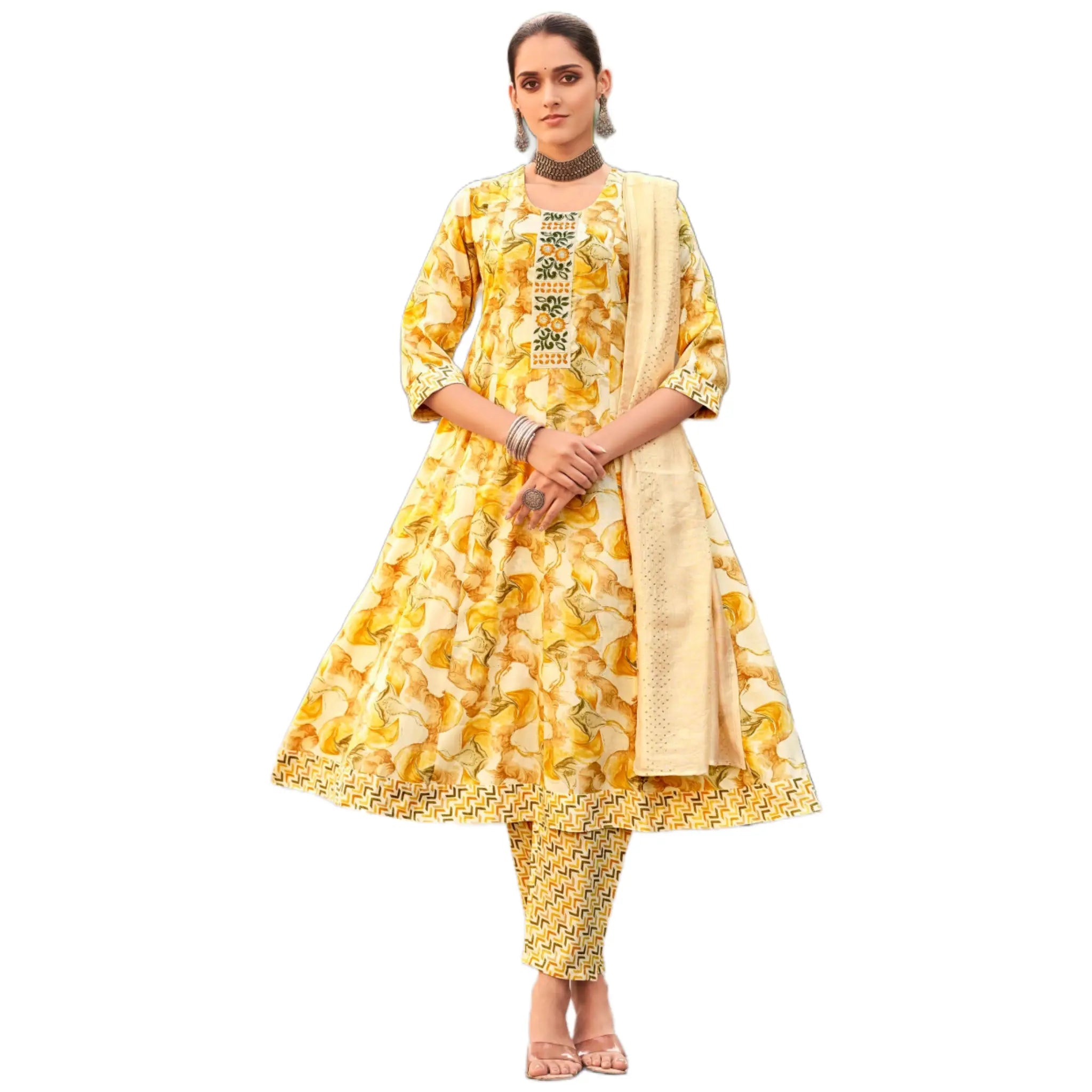 Mustard Yellow Floral Anarkali Suit with Ethnic Embroidered Panel
