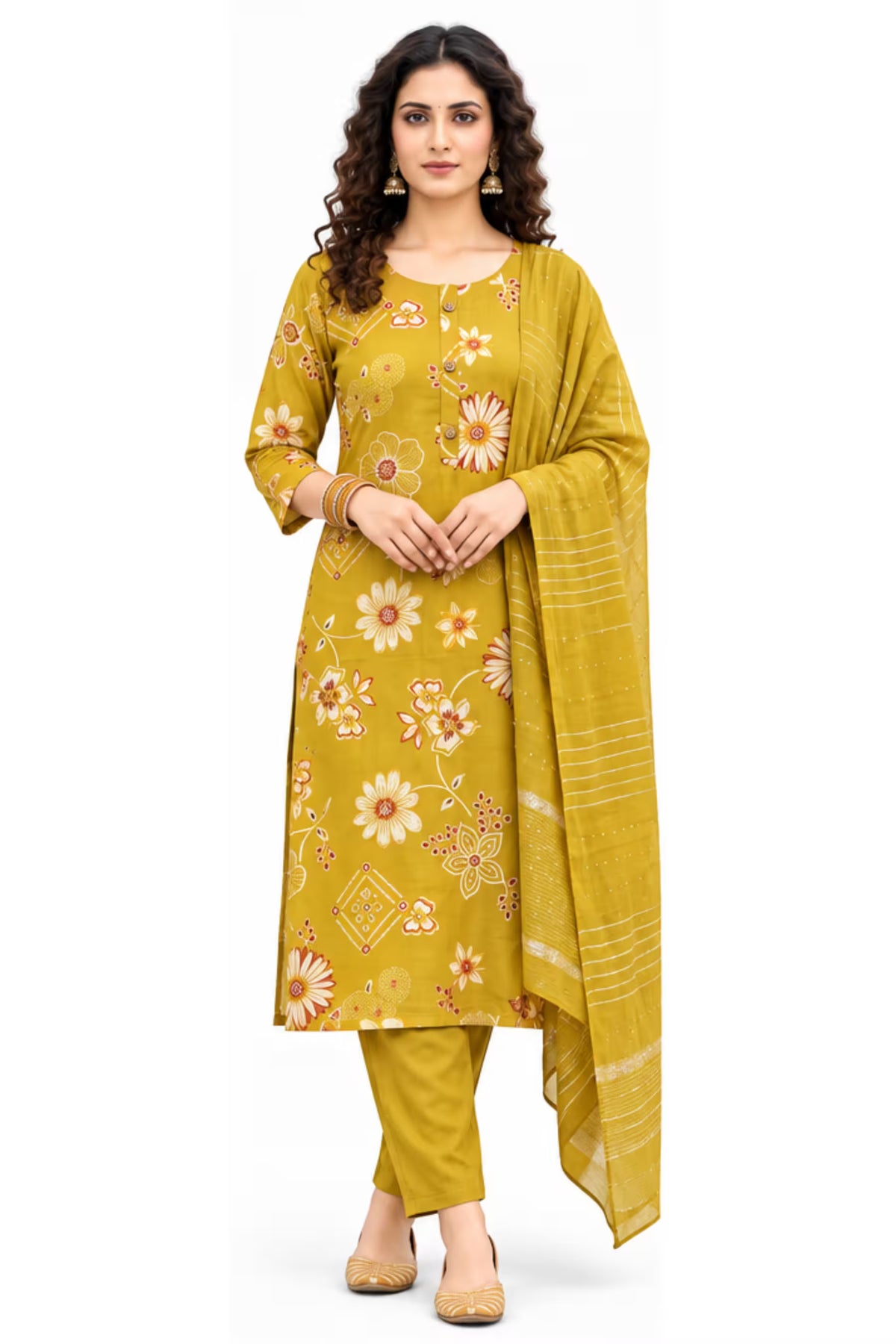 Mustard Yellow Floral Print Kurta Pant Set with Striped Dupatta for Women | Bavis Clothing