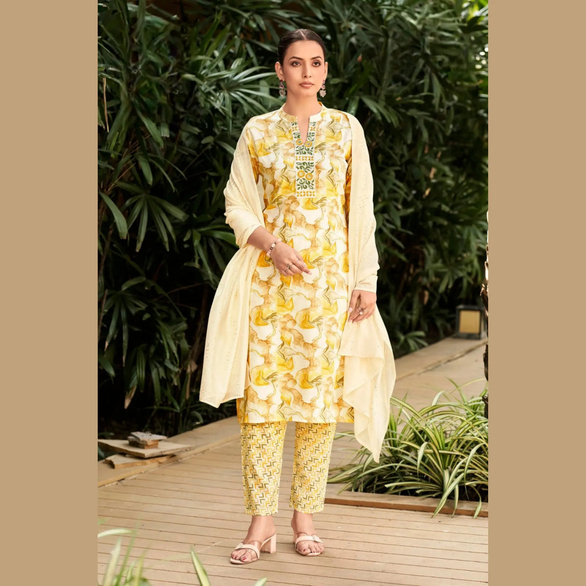 Mustard Yellow Floral Print Salwar Suit With Sequence Work Dupatta- Rashmika - GR268
