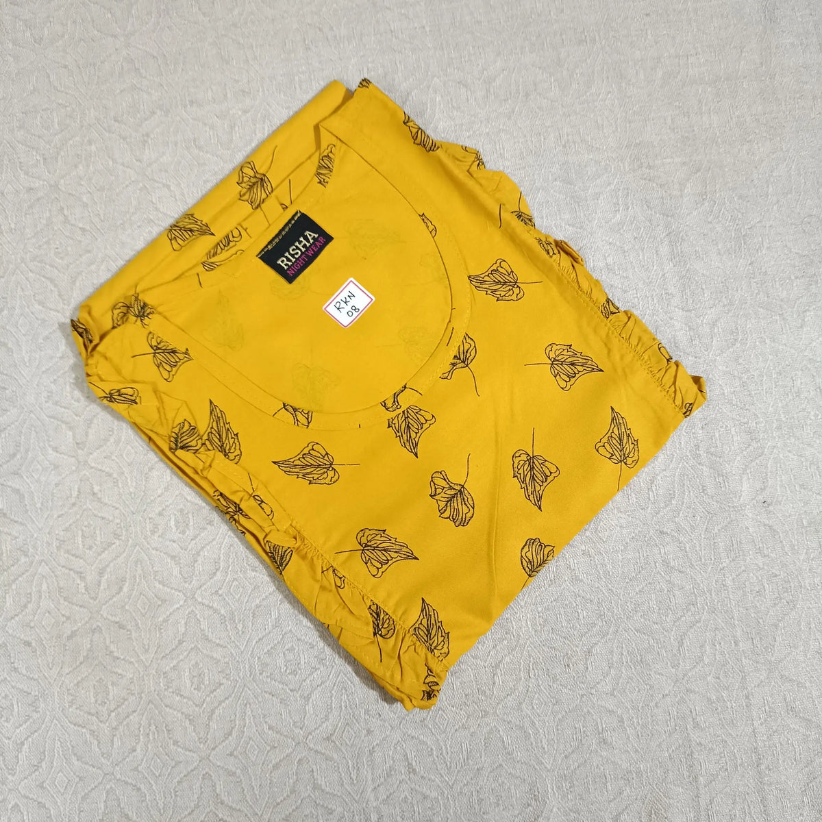 Mustard Yellow Leaf Printed Rayon Side Frill Nighties Main image