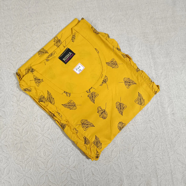 Mustard Yellow Leaf Printed Rayon Side Frill Nighties