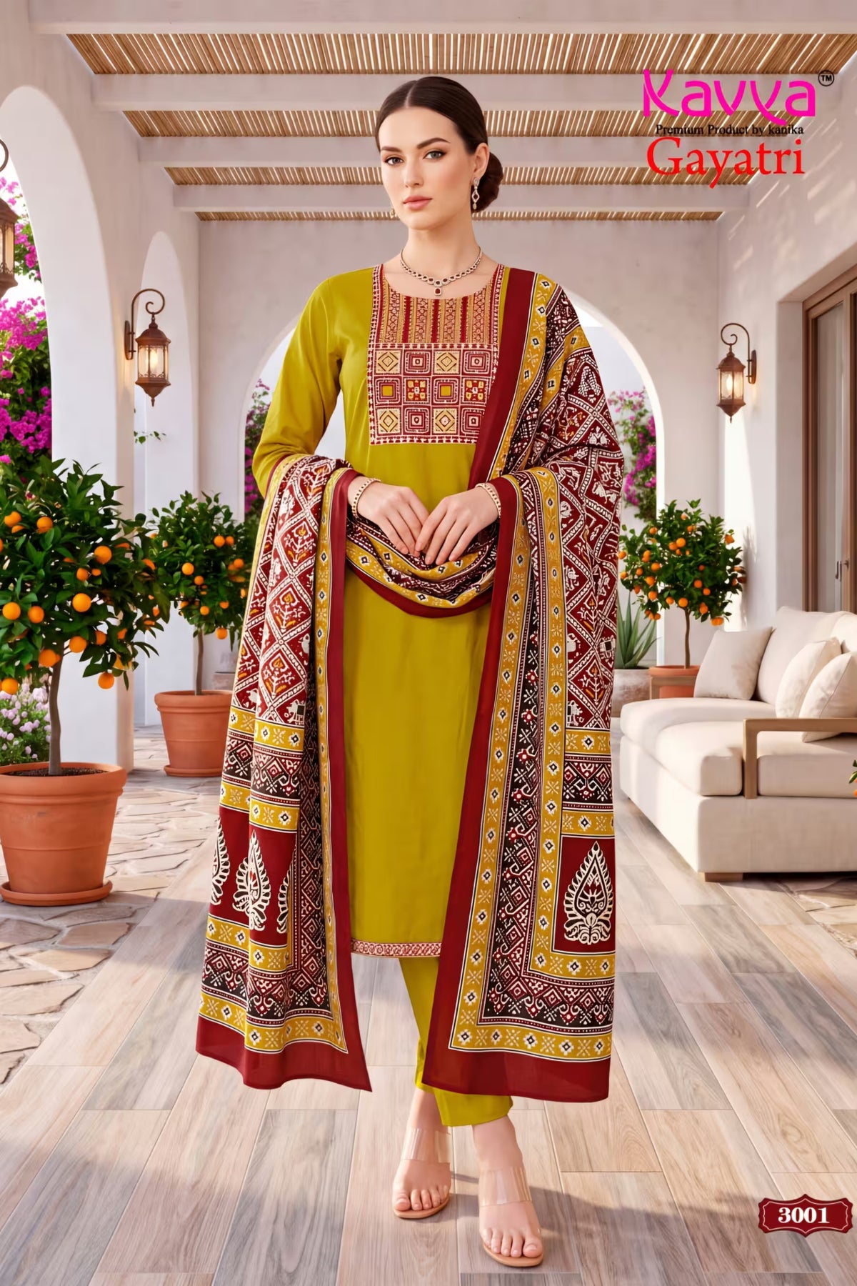 Mustard Yellow Printed Salwar Suit with Traditional Dupatta - Kavya Gayathri 3001 | Bavis Clothing