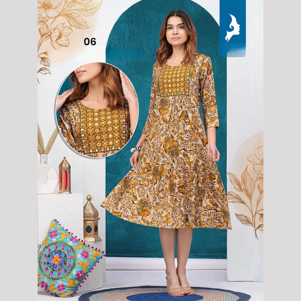 Mustard Yellow Reyon Print Umbrella Kurti
