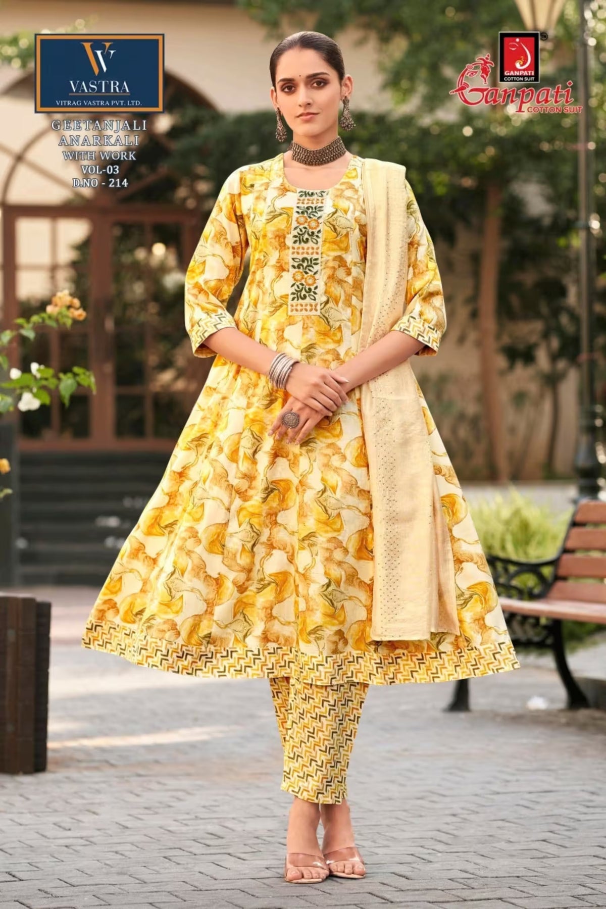 Mustard Yellow Floral Anarkali Suit with Ethnic Embroidered Panel and Sequence Work Dupatta - Ganpati Geetanjali - 214 | Bavis Clothing