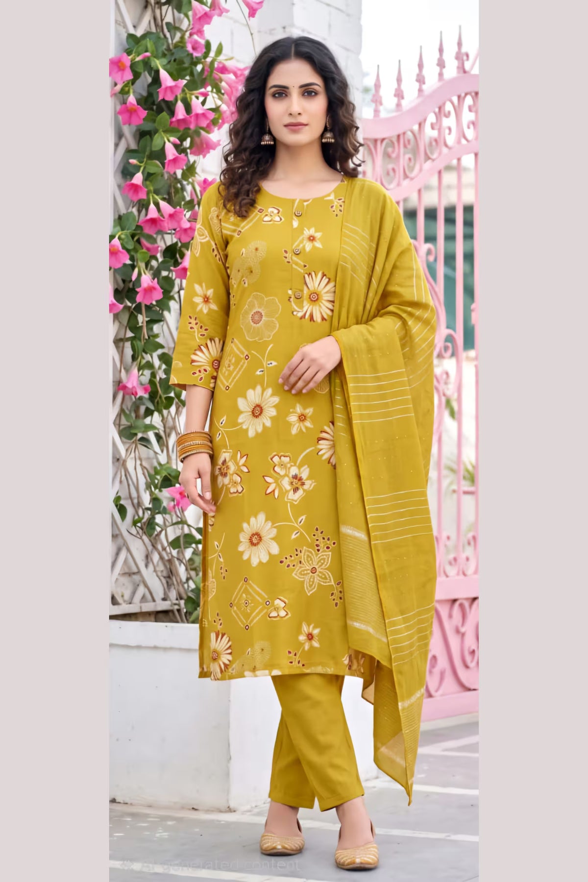 Mustard Yellow Floral Print Kurta Pant Set with Striped Dupatta for Women | Bavis Clothing Main image