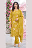 Mustard Yellow Floral Print Kurta Pant Set with Striped Dupatta for Women | Bavis Clothing