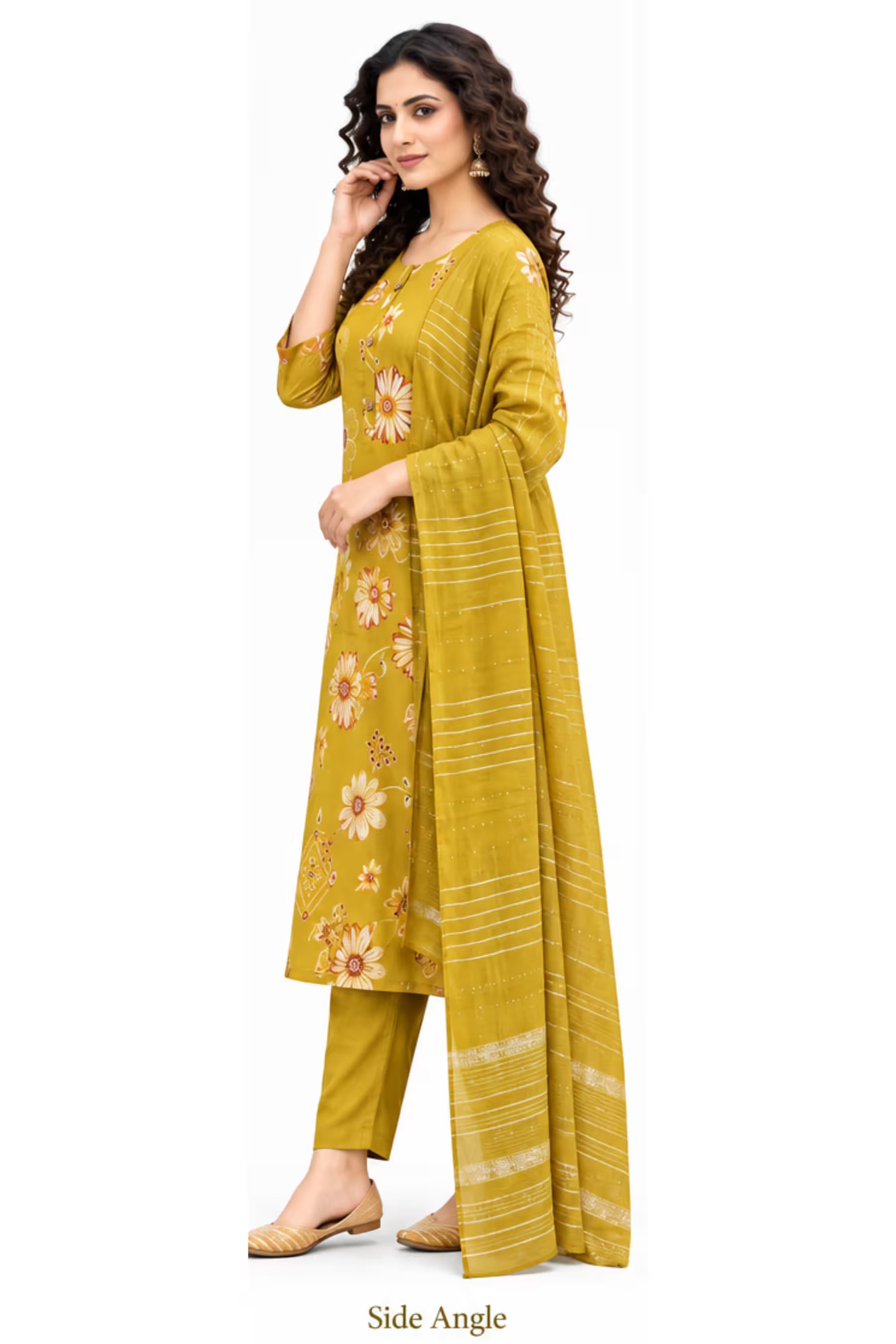 Mustard Yellow Floral Print Kurta Pant Set with Striped Dupatta for Women Secondary image