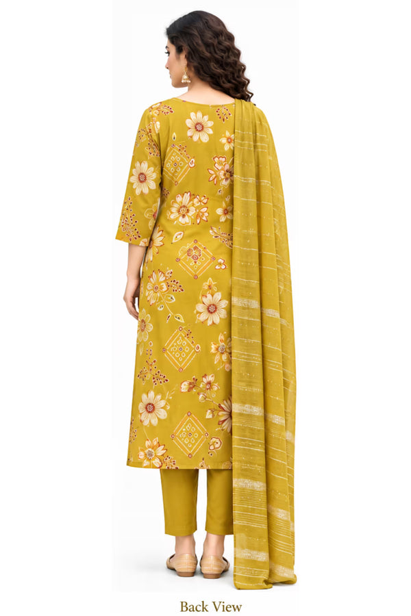 Back Veiw - Mustard Yellow Floral Print Kurta Pant Set with Striped Dupatta for Women | Bavis Clothing