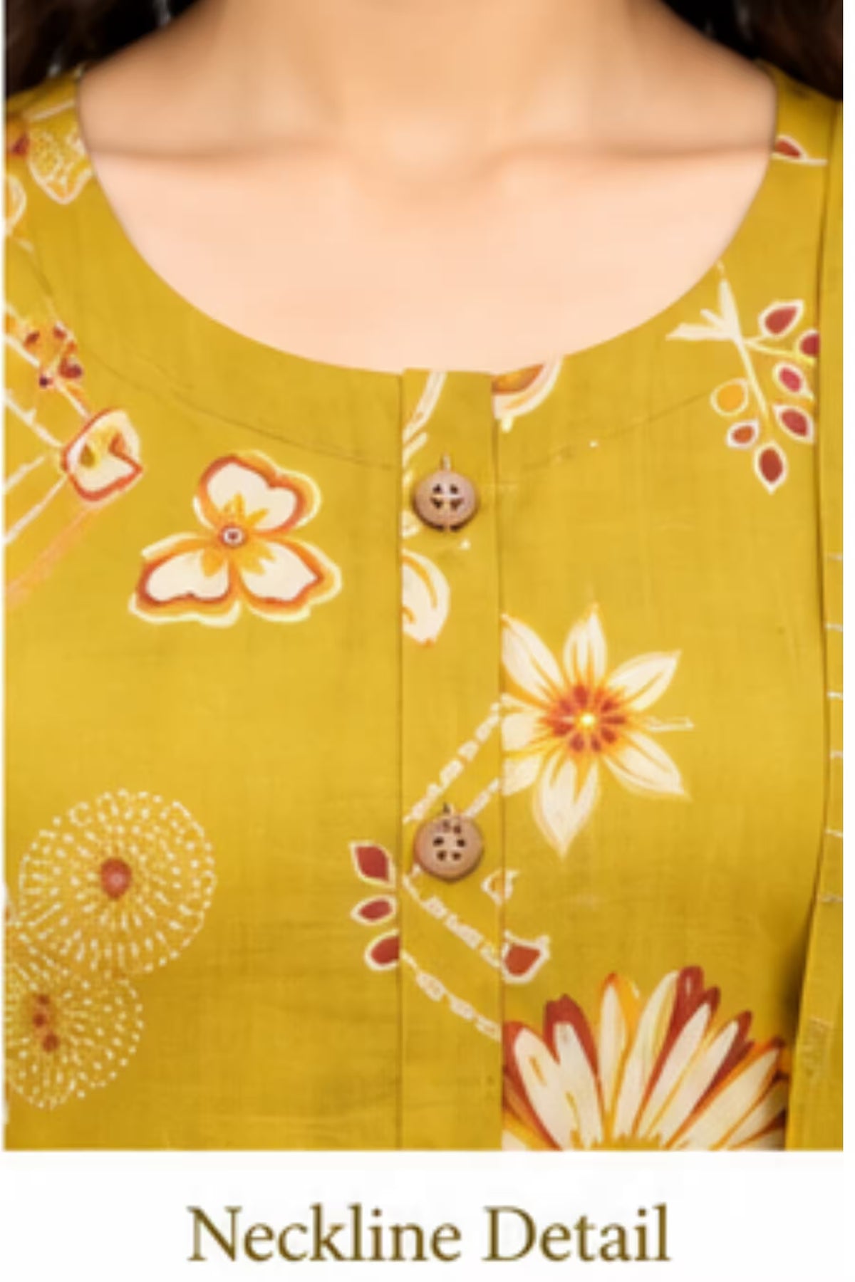 Neckline Detail - Mustard Yellow Floral Print Kurta Pant Set with Striped Dupatta for Women | Bavis Clothing