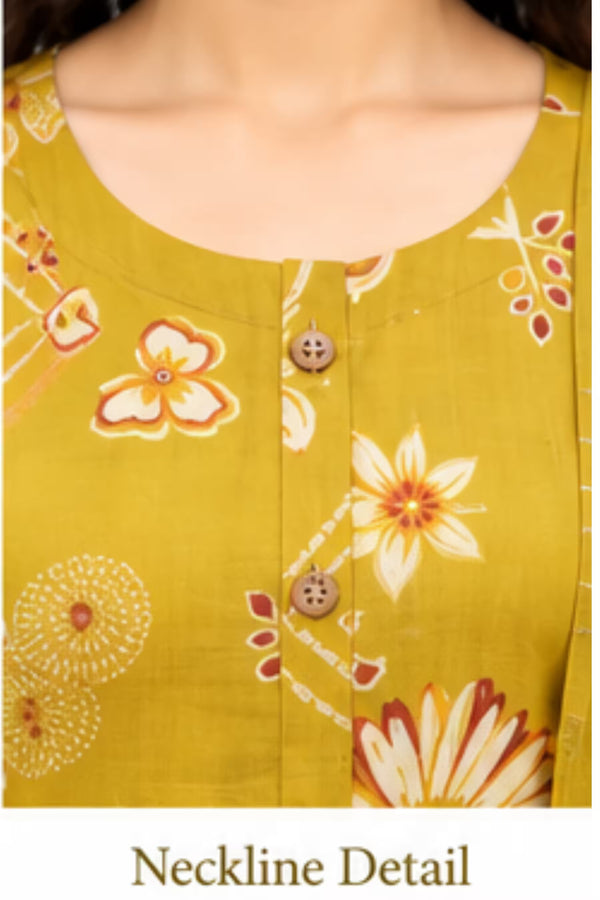 Neckline Detail - Mustard Yellow Floral Print Kurta Pant Set with Striped Dupatta for Women | Bavis Clothing