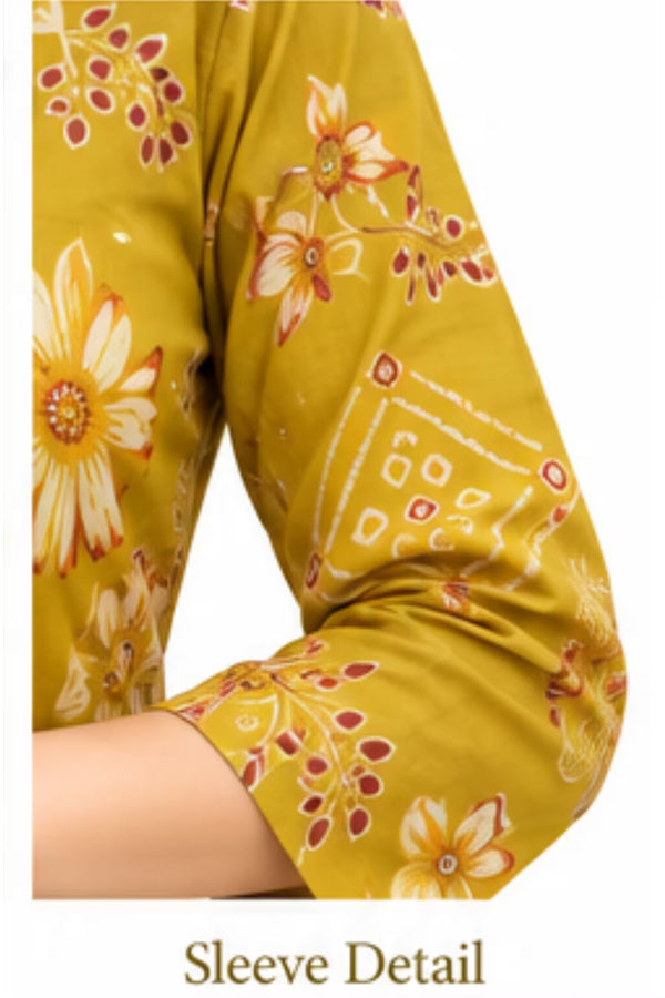 Sleeve Detail - Mustard Yellow Floral Print Kurta Pant Set with Striped Dupatta for Women | Bavis Clothing