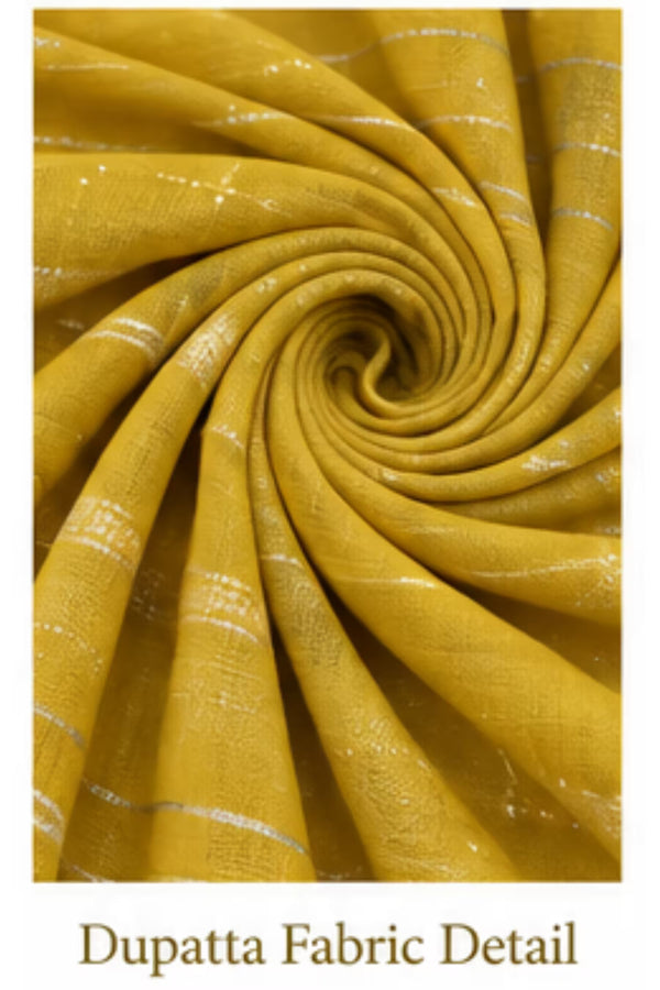 Dupatta Fabric Detail - Mustard Yellow Floral Print Kurta Pant Set with Striped Dupatta for Women | Bavis Clothing