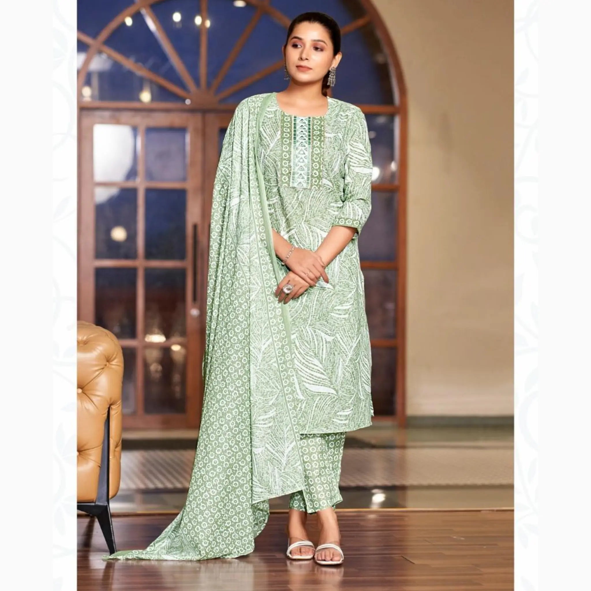 Mystic 9 - Sofiya - Pista Green Leaf Print Cotton Salwar Suit - Straight Pant - 1006 Main image