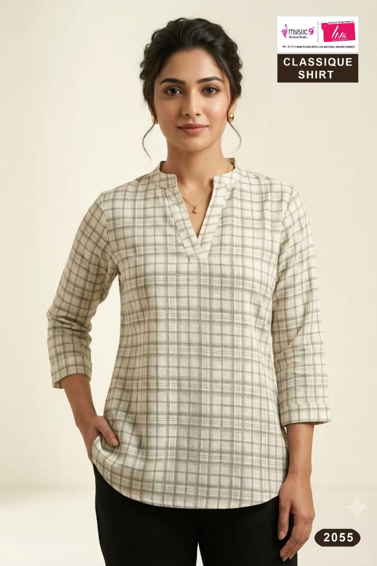 Mystic 9 Classique 2055 women's cream and grey checked shirt with V-slit neckline and three-quarter sleeves