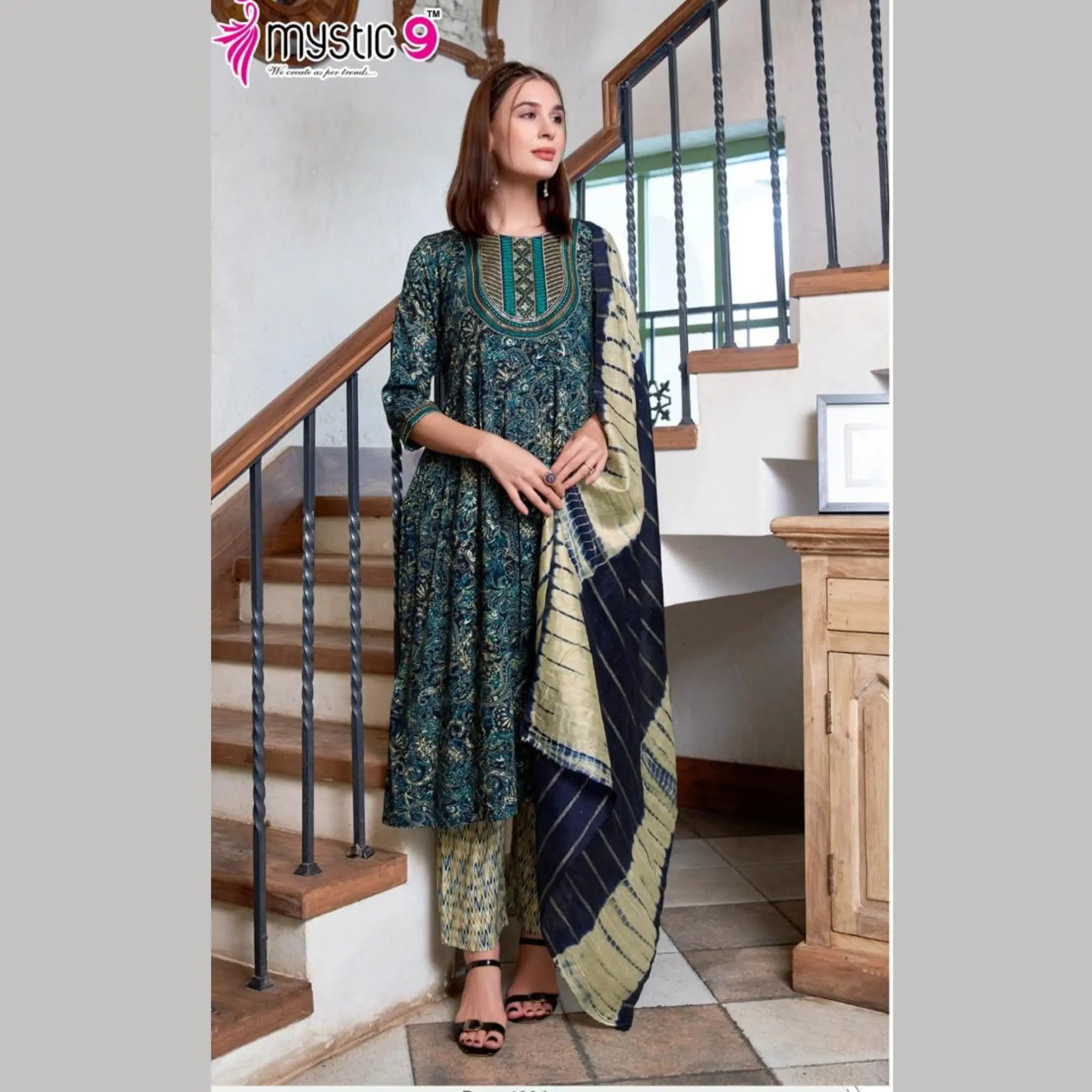 Mystic 9 Shanaya - Blue Ajrak Print Umbrella Cut Salwar Suit -4006 Main image