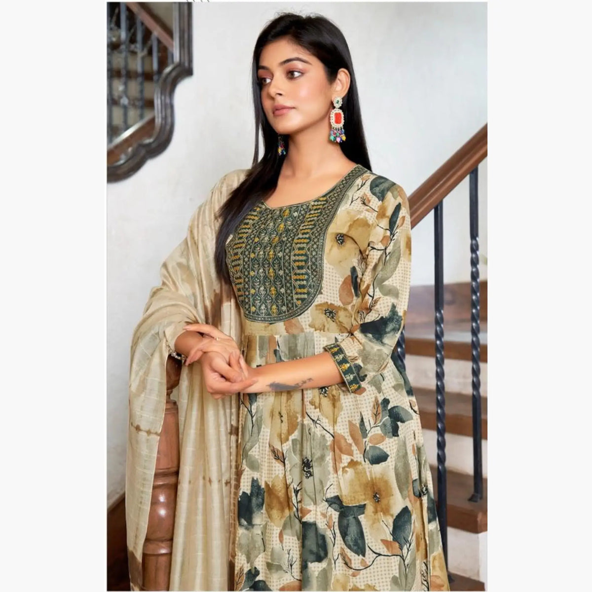Mystic 9 Shanaya - Creamy Leaf Printed Umbrella Cut Salwar Suit -4002 Main image