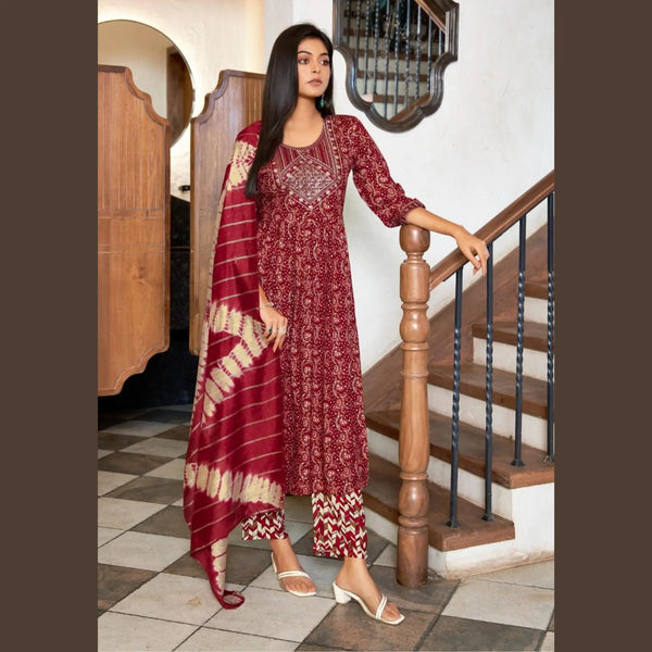 Mystic 9 Shanaya - Red Ajrak Print Umbrella Cut Salwar Suit - 4004