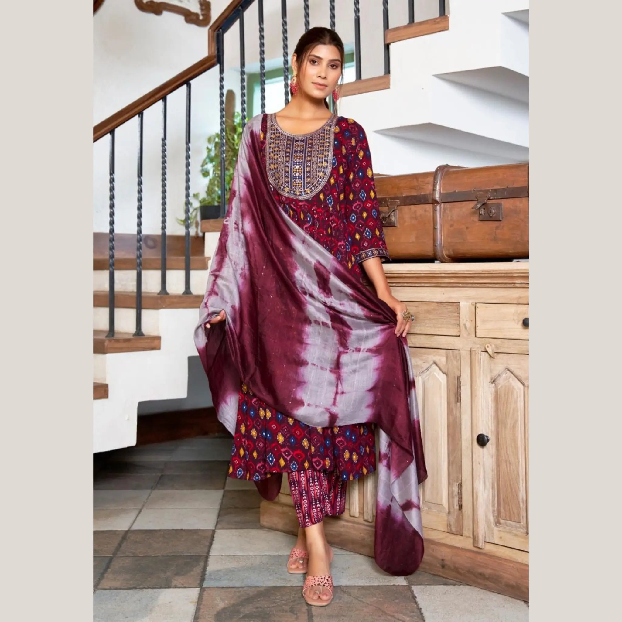 Mystic 9 Shanaya - Wine Red Umbrella Cut Salwar Suit-4001