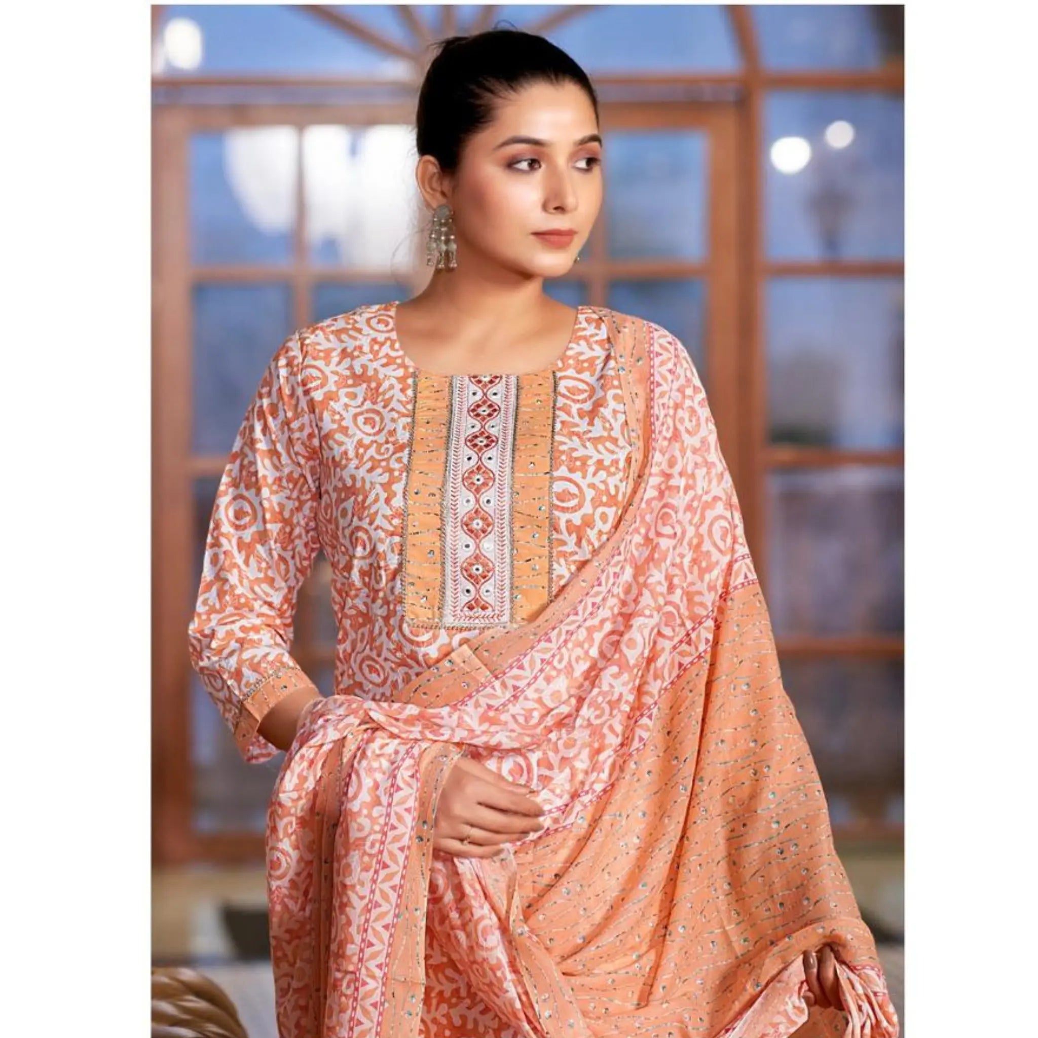 Mystic 9 - Light Orange Batik Print Cotton Salwar Suit - Straight Pant - 1005 Main image