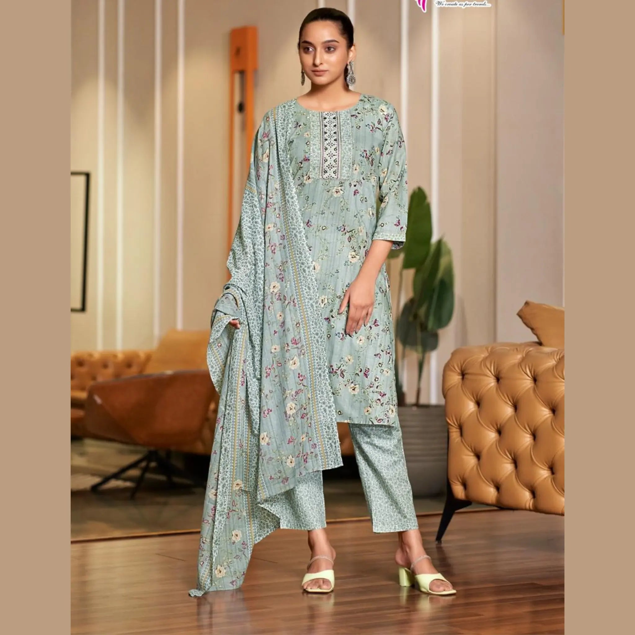 Mystic 9 - Sofiya - Pale Green Cotton Salwar Suit - Straight Pant - 1001