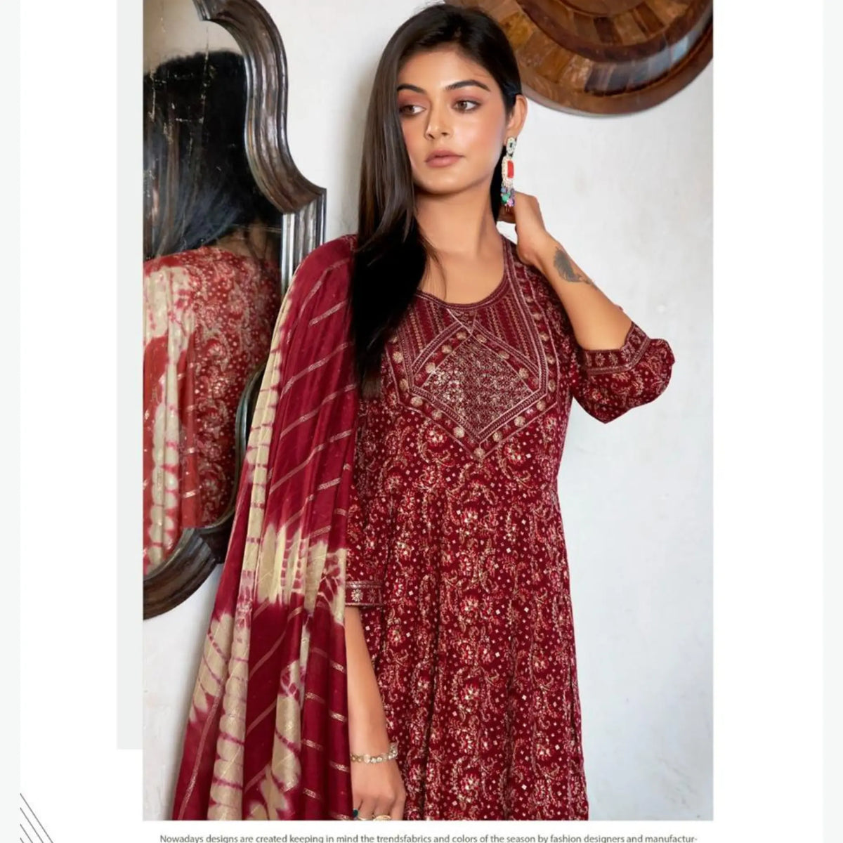 Mystic 9 Shanaya - Red Ajrak Print Umbrella Cut Salwar Suit - 4004