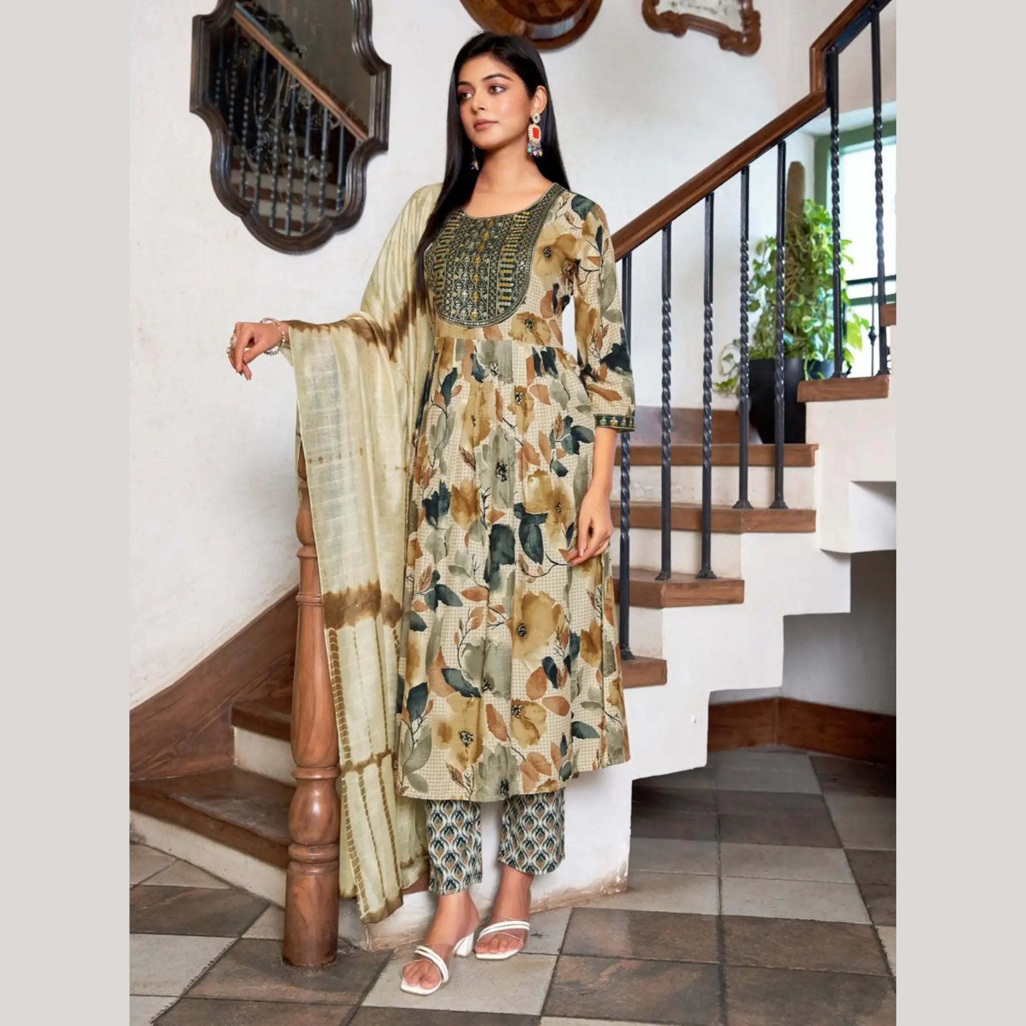 Creamy Leaf Printed Umbrella Cut Salwar Suit Effortless Elegance Bavis Clothing