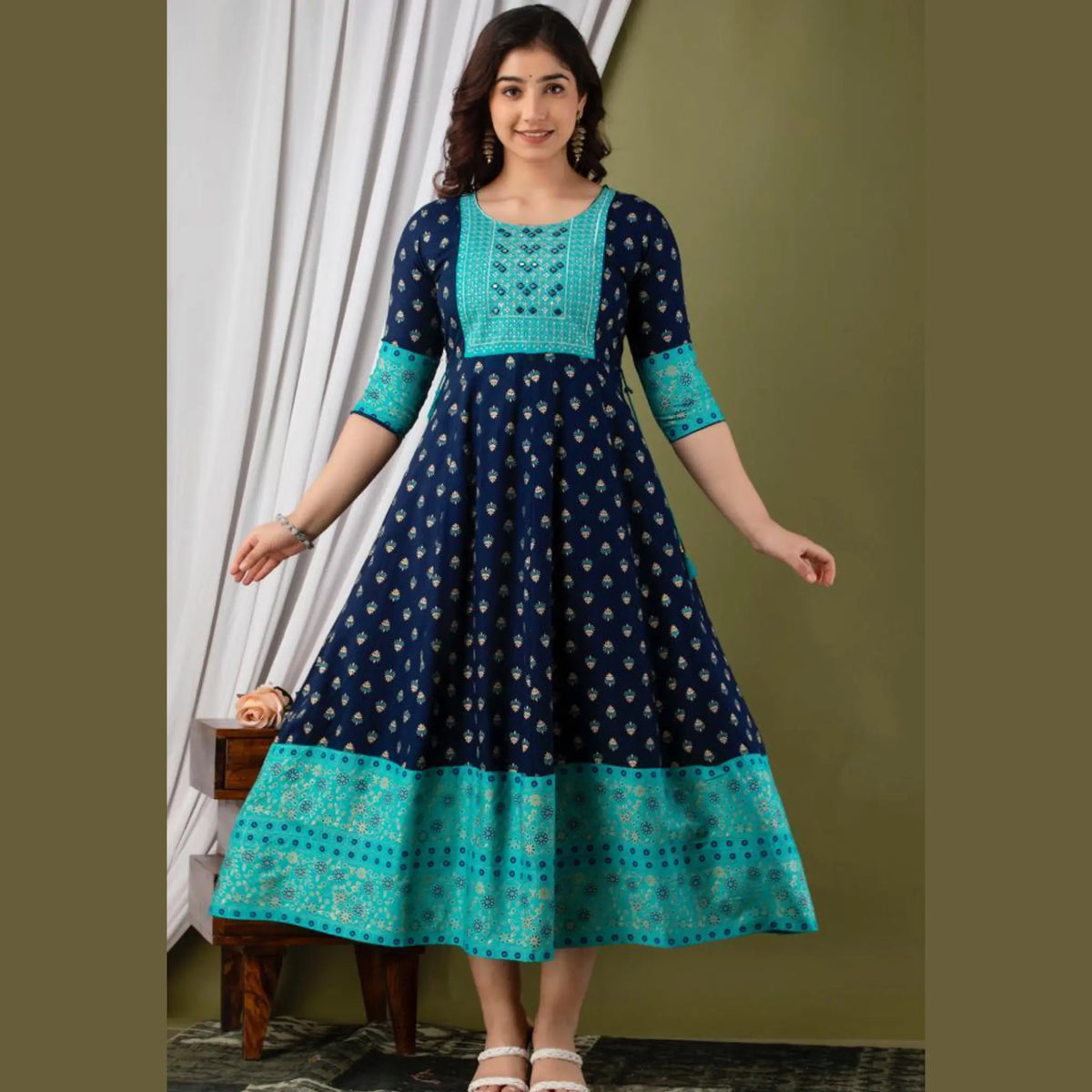 Navy Blue Butta Print Full Flared Kurti Main image