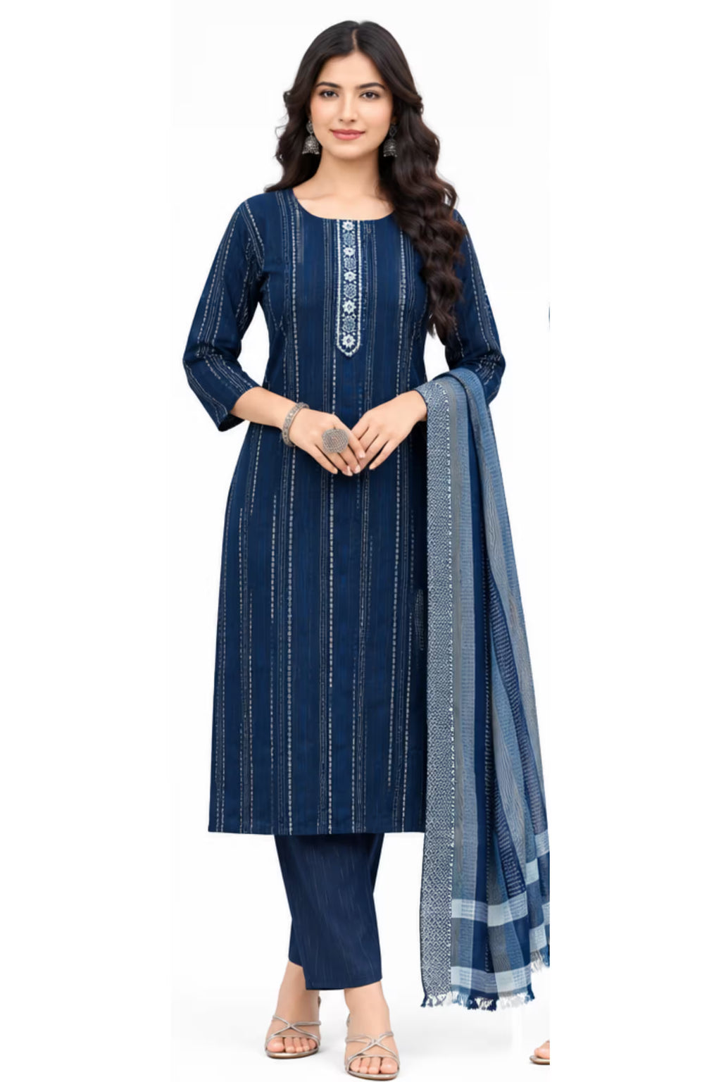 Navy Blue Cotton Straight Kurta Pant Set with Dupatta | Bavis Clothing