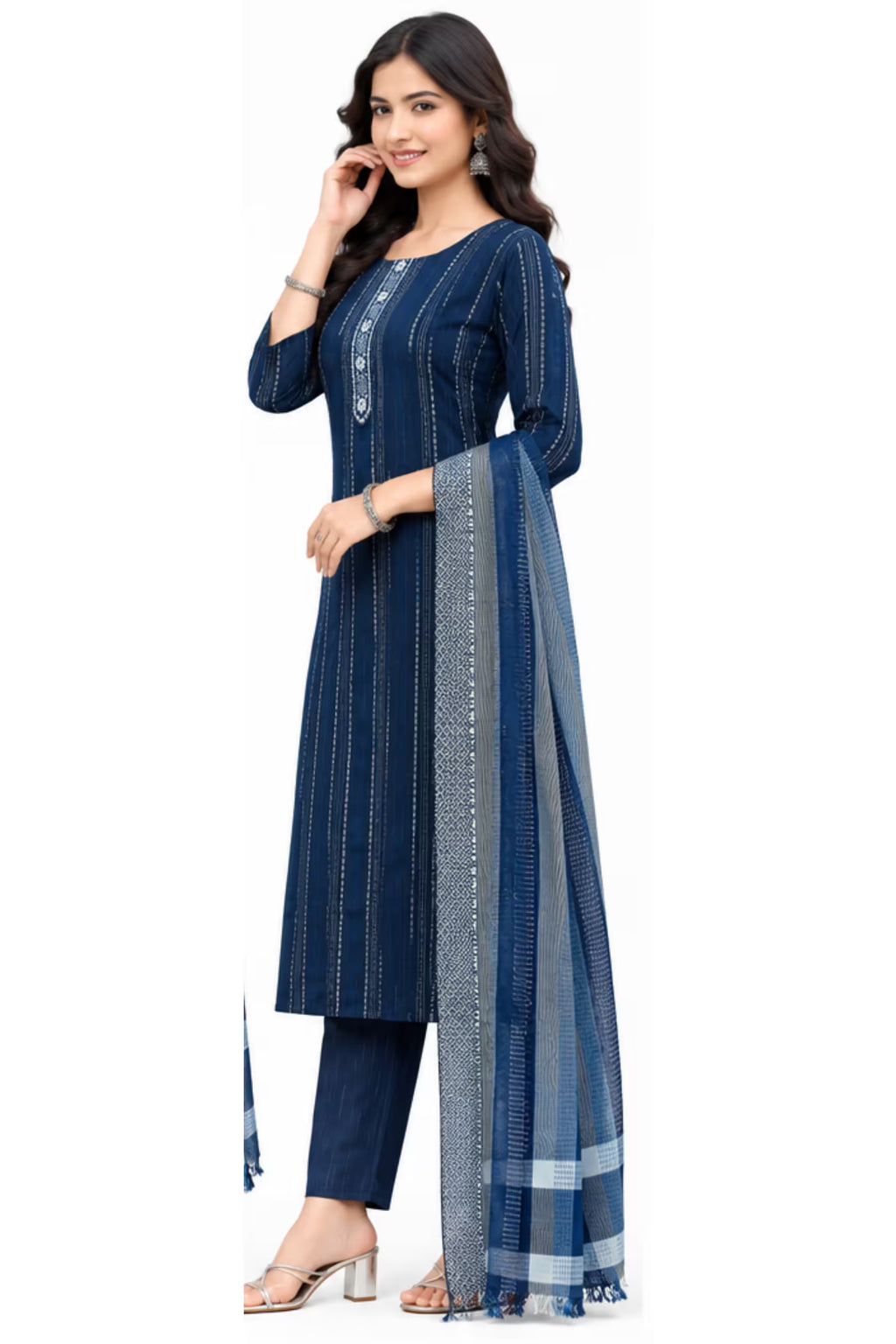 Side View - Navy Blue Cotton Straight Kurta Pant Set with Dupatta | Bavis Clothing