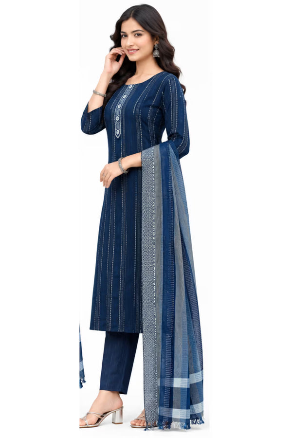 Side View - Navy Blue Cotton Straight Kurta Pant Set with Dupatta | Bavis Clothing